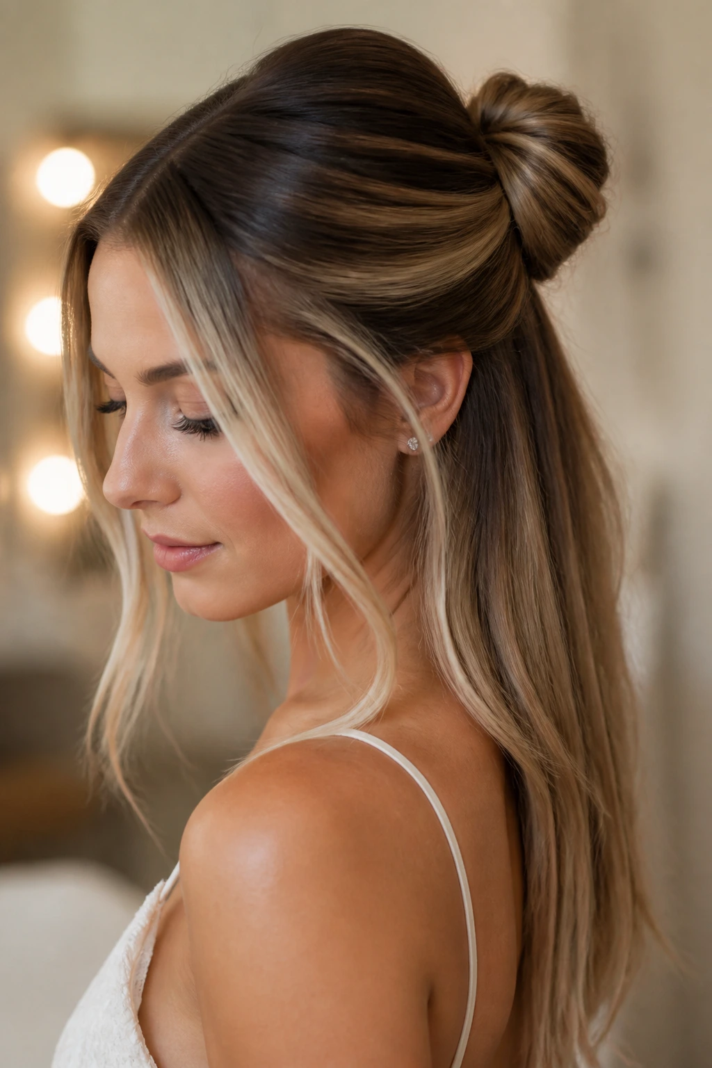 Bride with a sleek half-up knot and bright money pieces