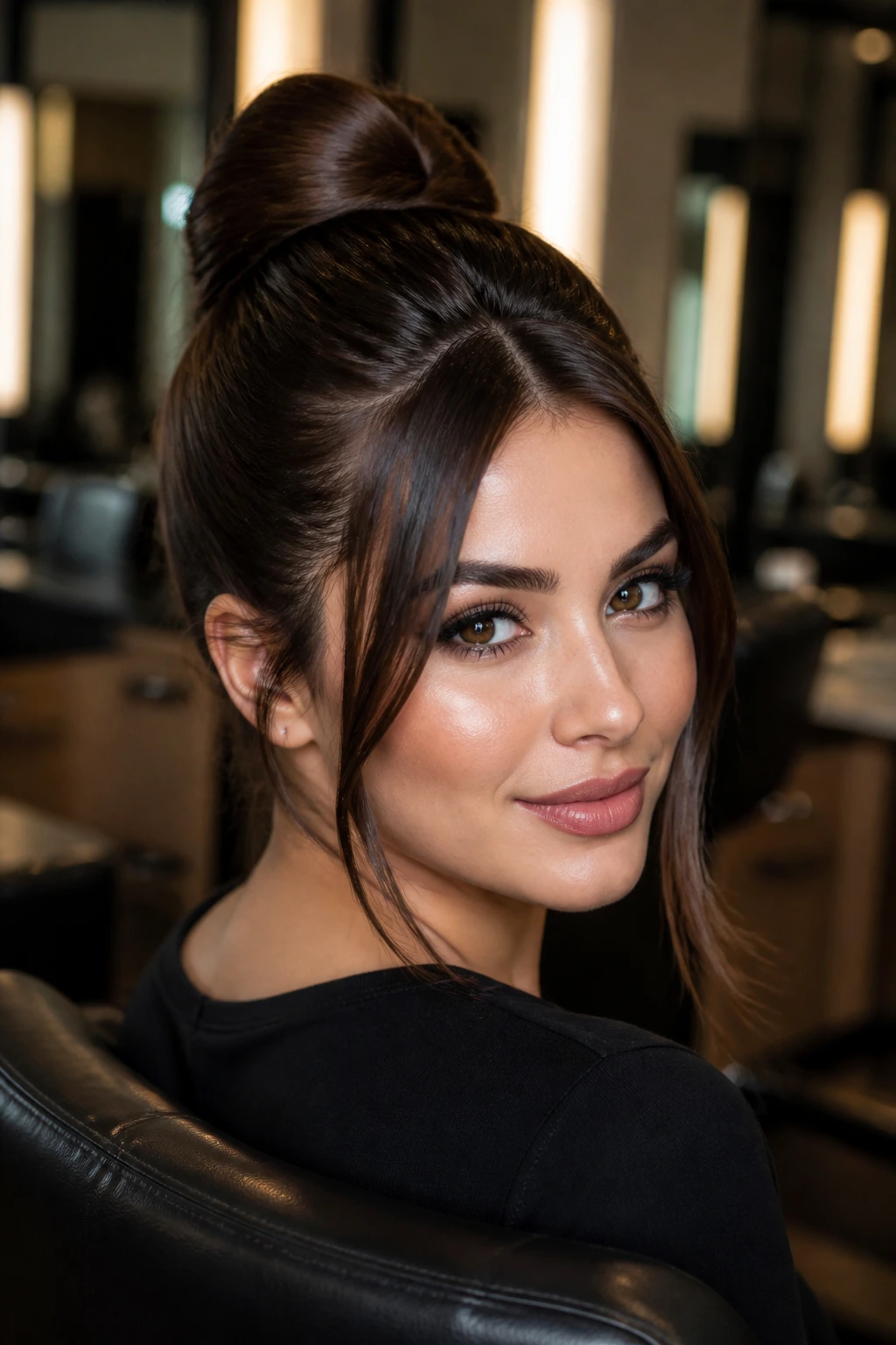 Portrait of brunette woman with sleek high bun and loose curtain pieces