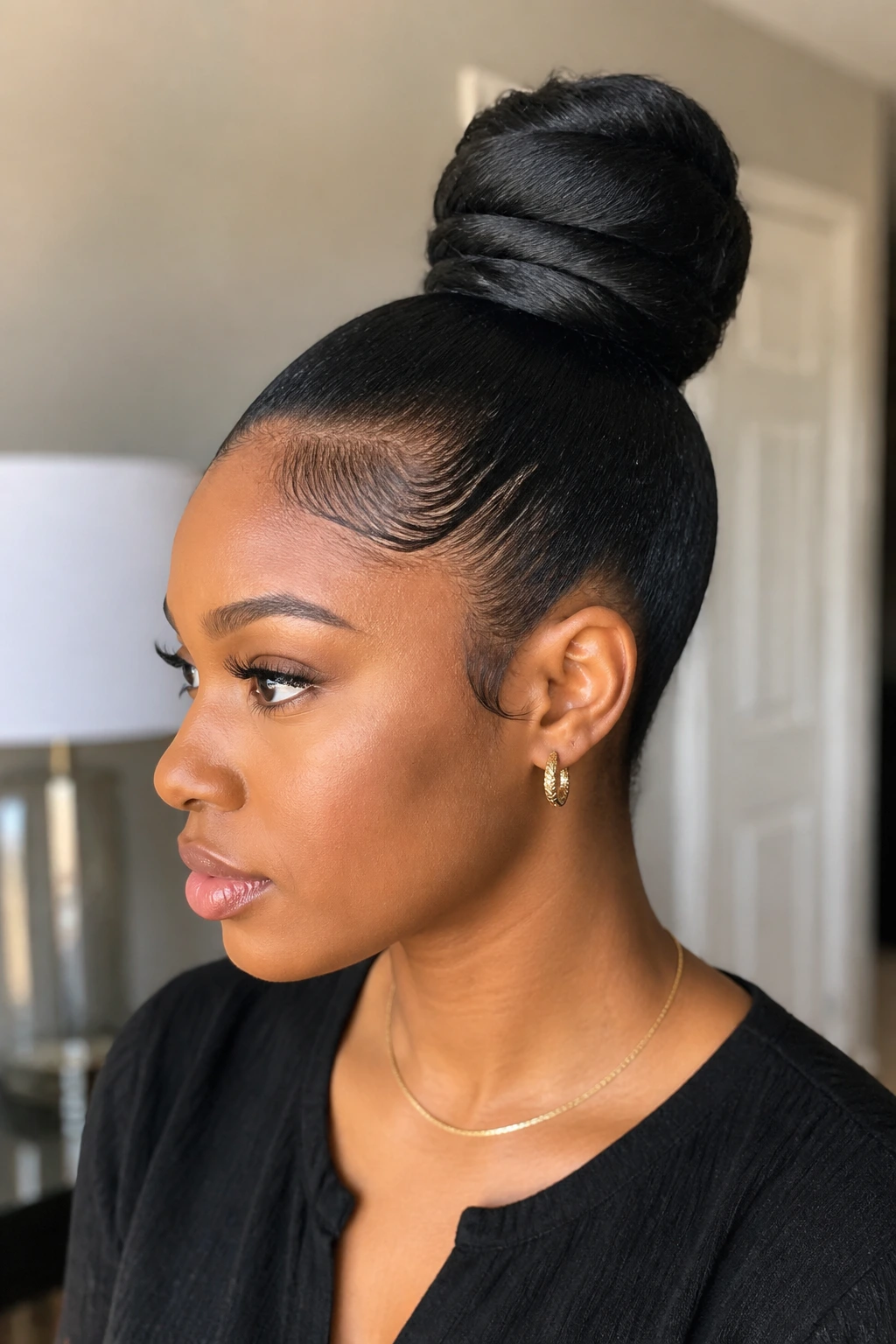Close-up of a real woman with a sleek high bun sew-in