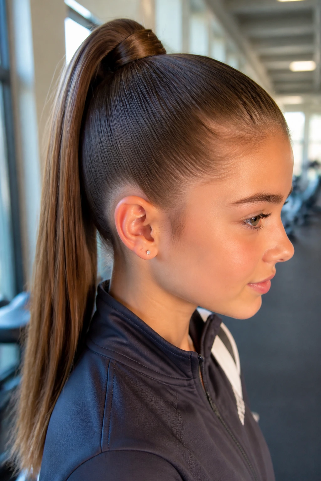 Close-up of a real teen with a sleek high pony wrapped base