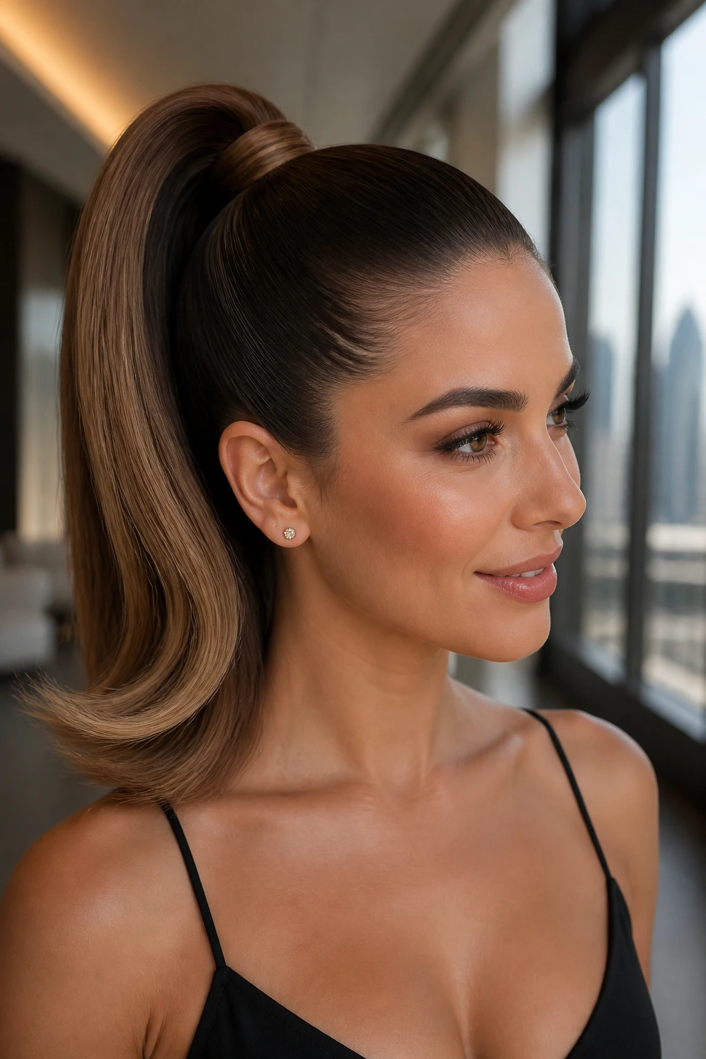 Real woman with sleek high ponytail and curved ends
