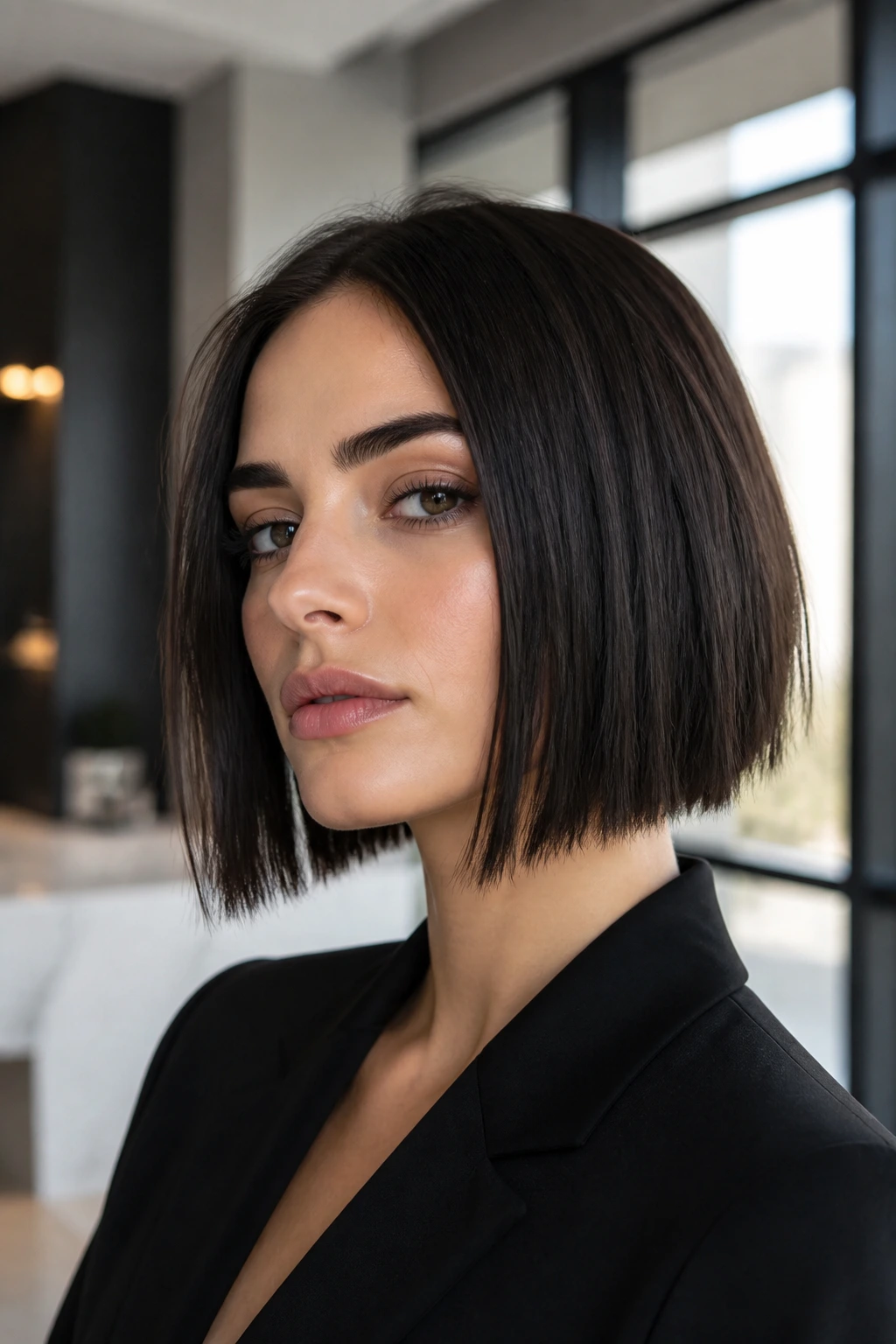 Real person with sleek jagged-end lob in chic interior lighting