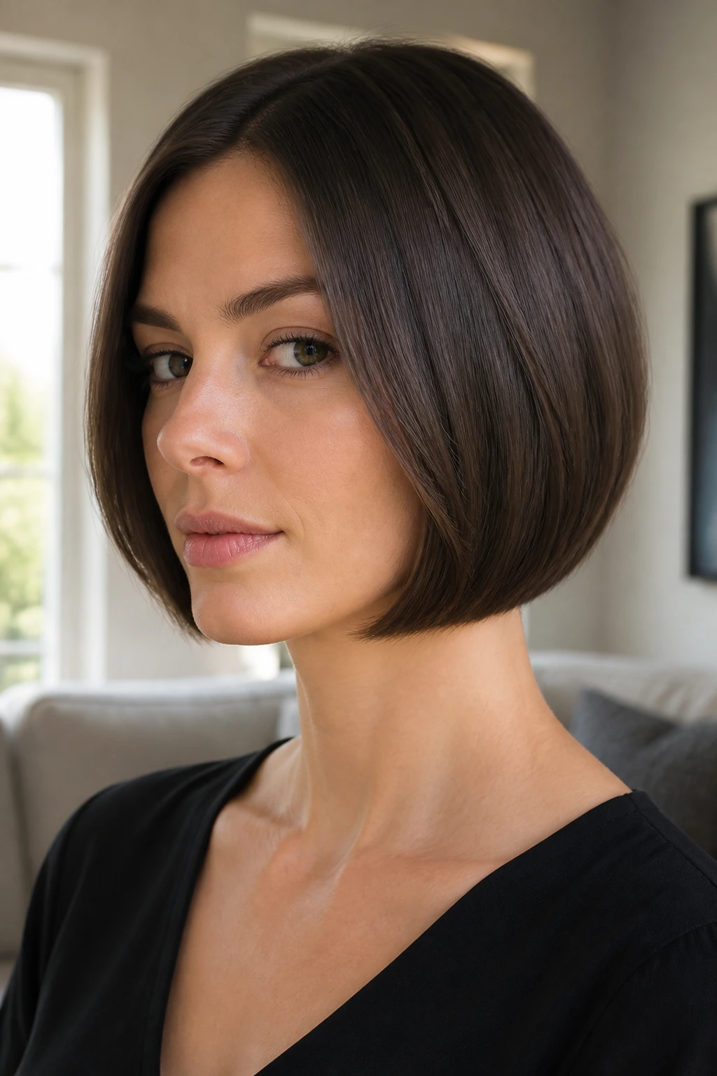 Close-up of a real woman with a sleek jawline bob.