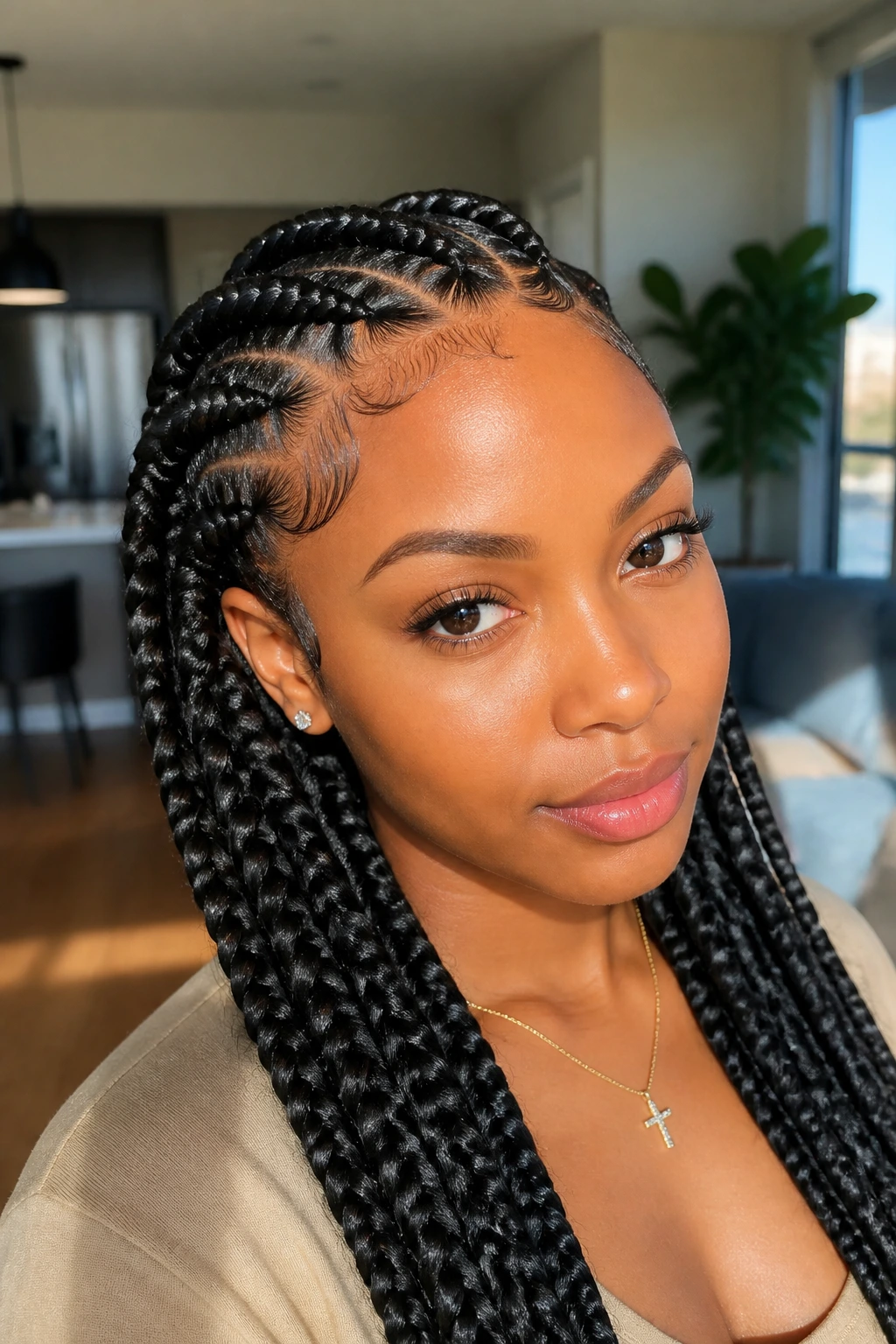 Close-up portrait of a woman with sleek jumbo braids and defined edges in a modern home