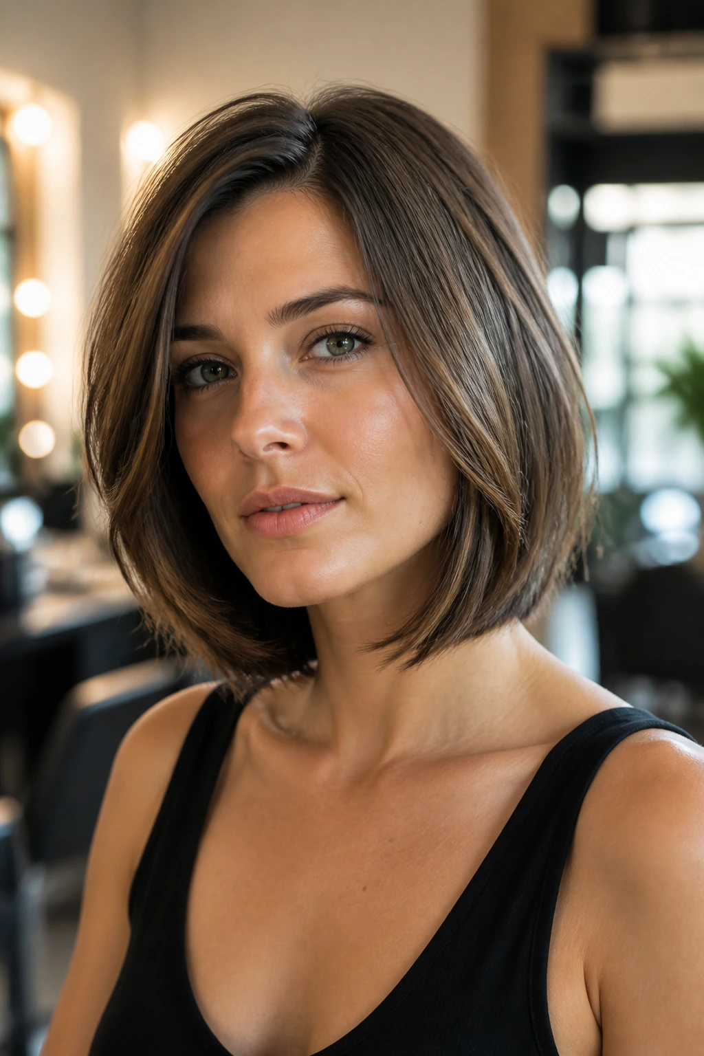 Close-up of a real woman with a sleek blown-out layered bob beneath the jaw in a sunlit salon.