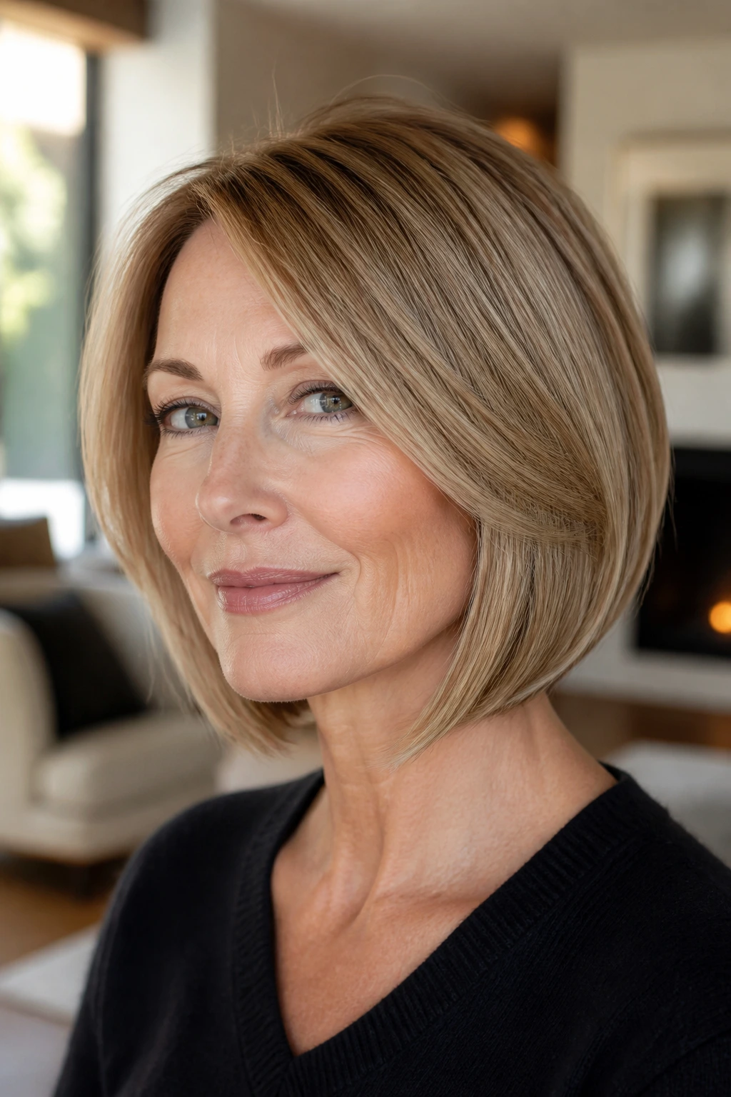 Close-up portrait of a real woman with a sleek layered lob and invisible ends