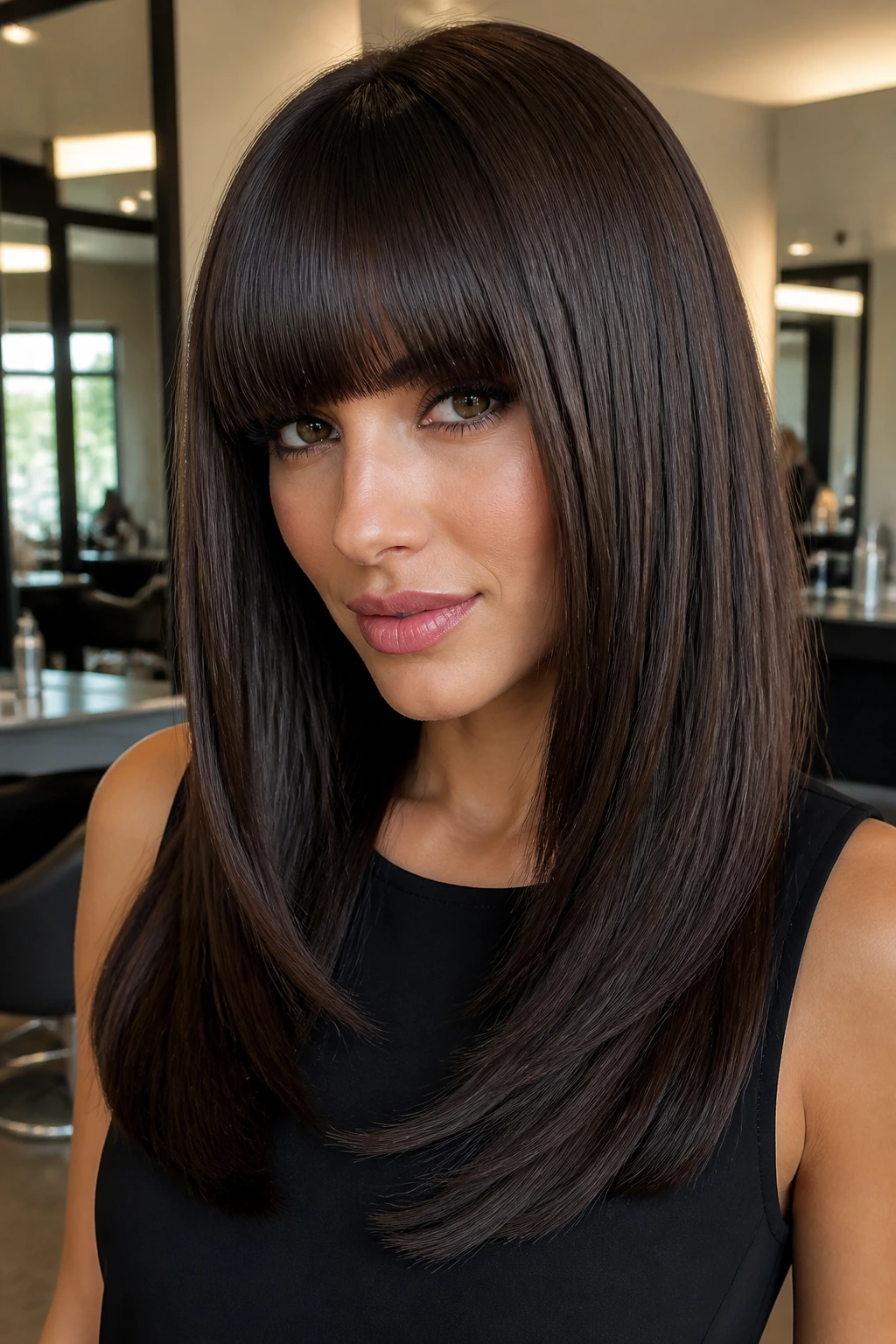 Portrait of woman with sleek angled layers and blunt bangs in soft salon lighting