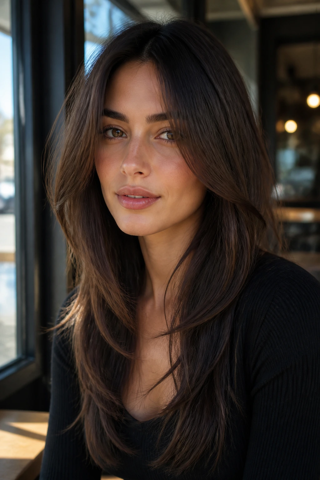 Close-up of a real woman with sleek layers and face-opening pieces in morning cafe light