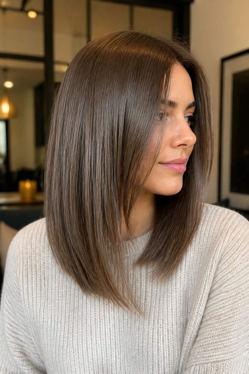 Real person with sleek layers and subtle A-line in warm home lighting