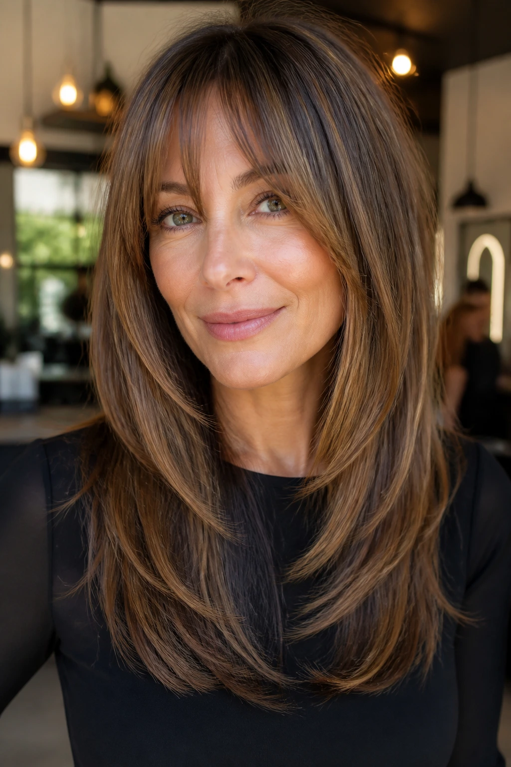Close-up of a real woman with sleek long layers and toffee lowlights.