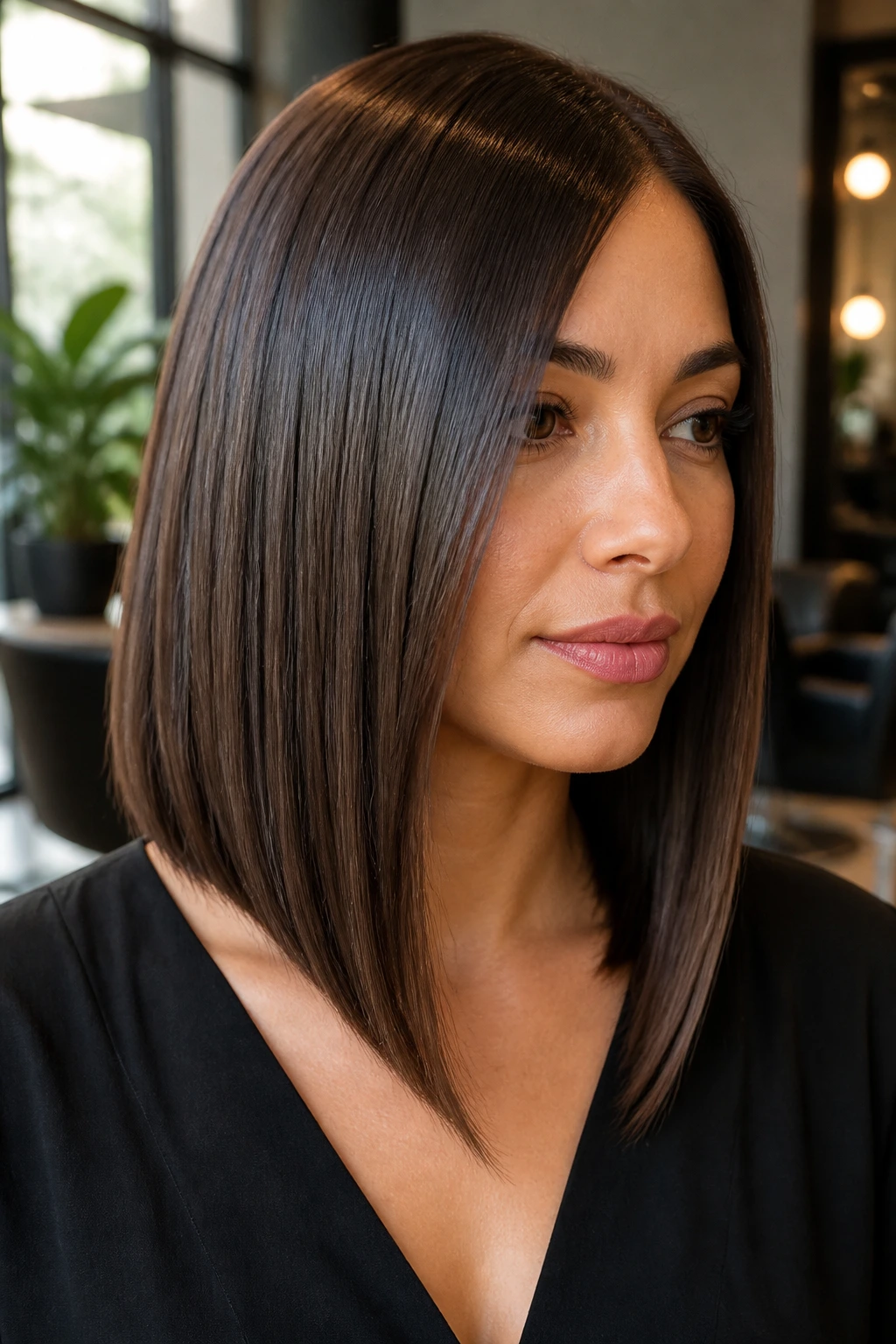 Close-up of a real woman's head with a sleek A-line lob and longer front pieces, hair glossy and straight.