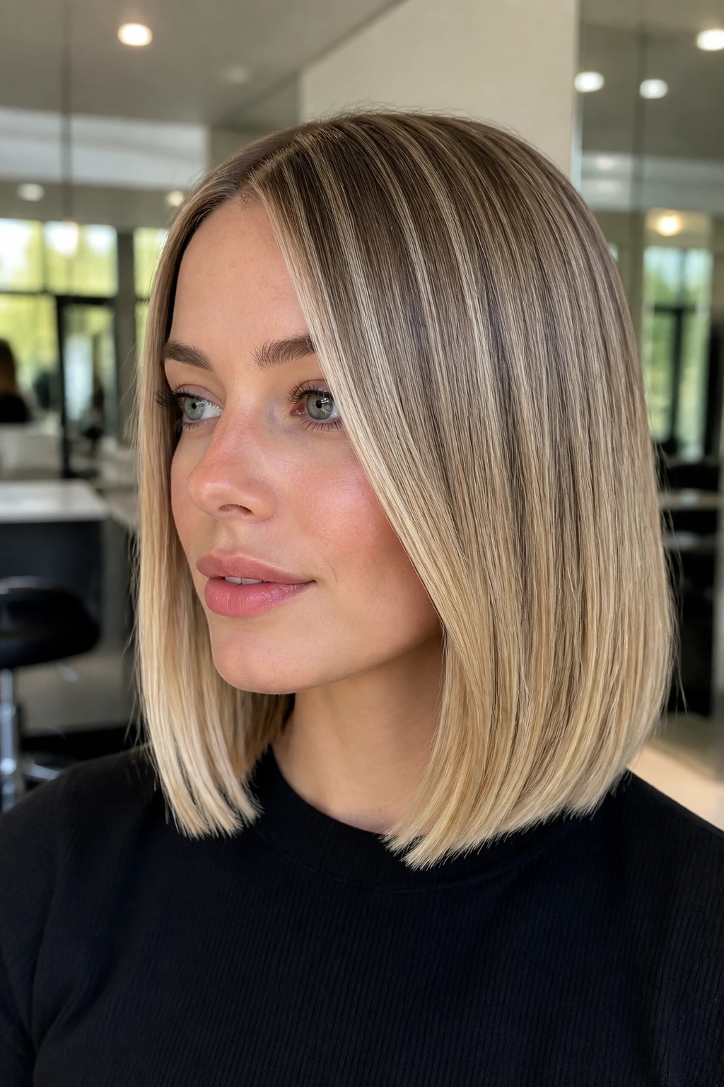 Portrait of a woman with sleek lob and high-lift babylights in a sunlit salon.