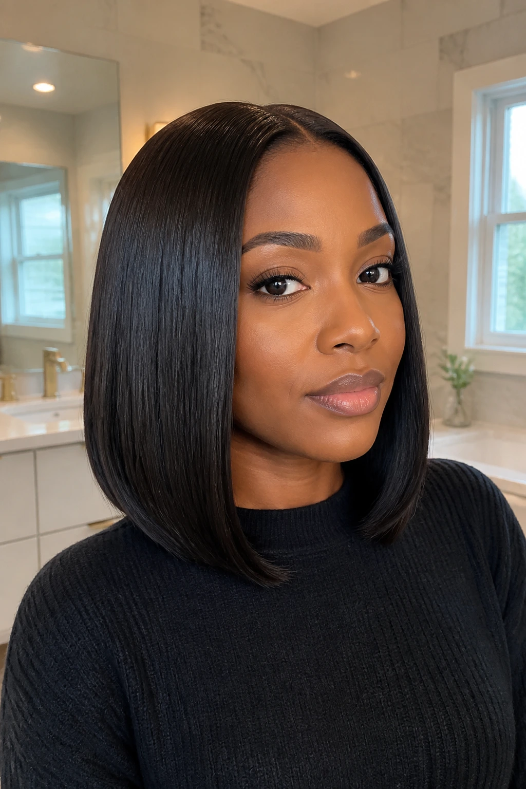 Close-up of a real woman with a sleek pressed lob (shoulder-length bob).