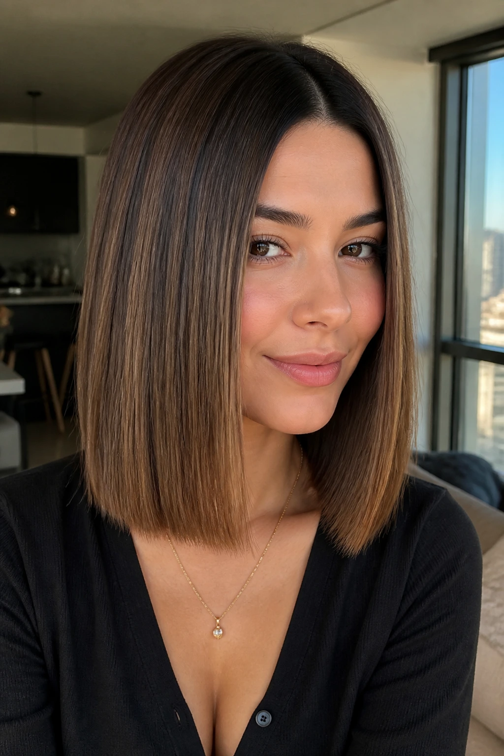 Close-up of a woman with sleek one-length lob and glossy caramel veil