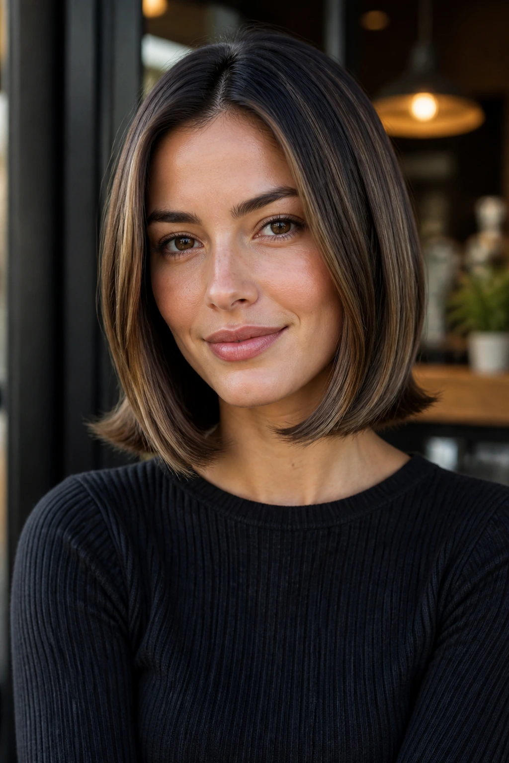 Close-up of a woman with a sleek lob and flipped ends