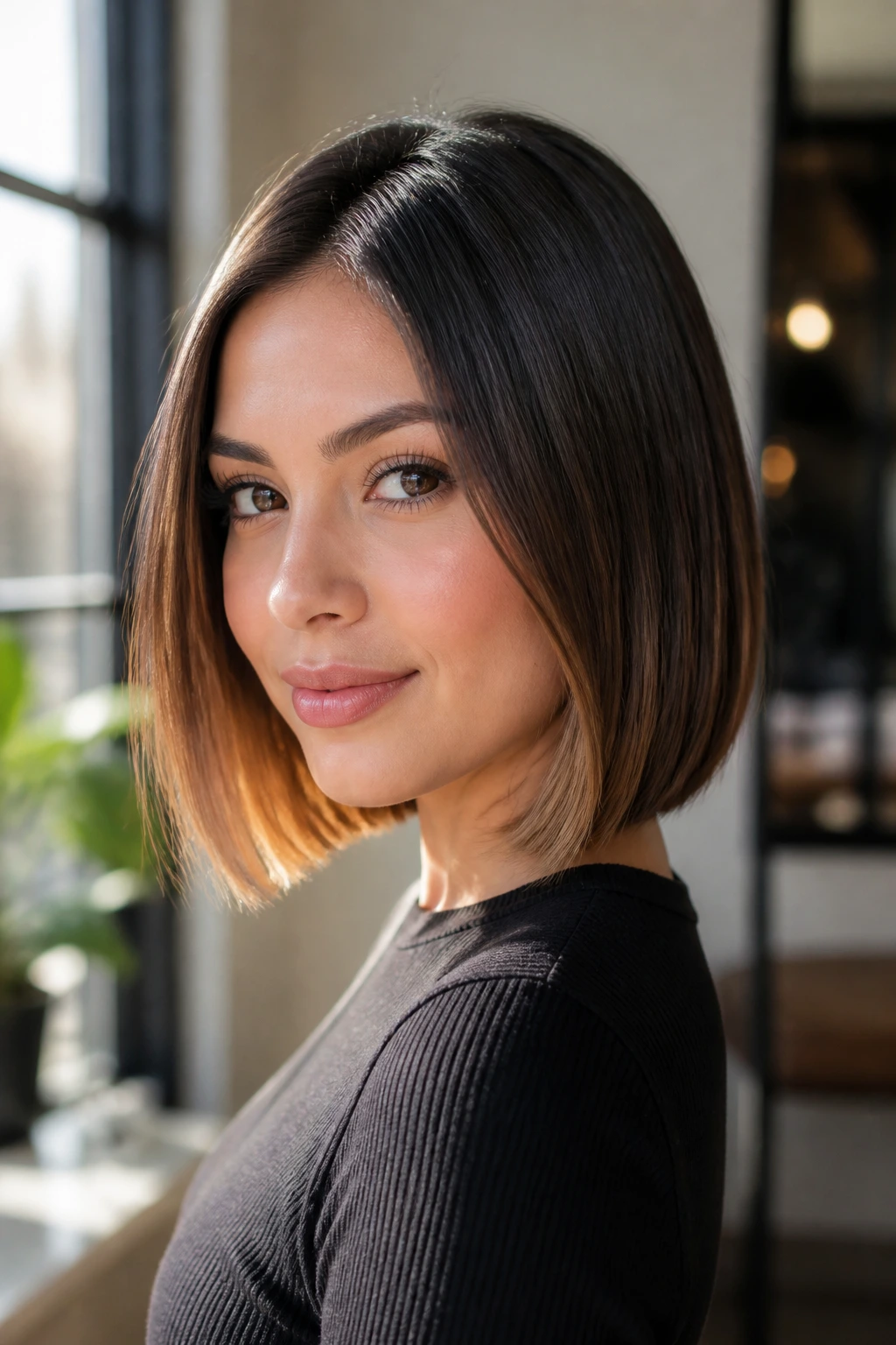 Close-up portrait of a person with a sleek one-length lob and hidden caramel glow