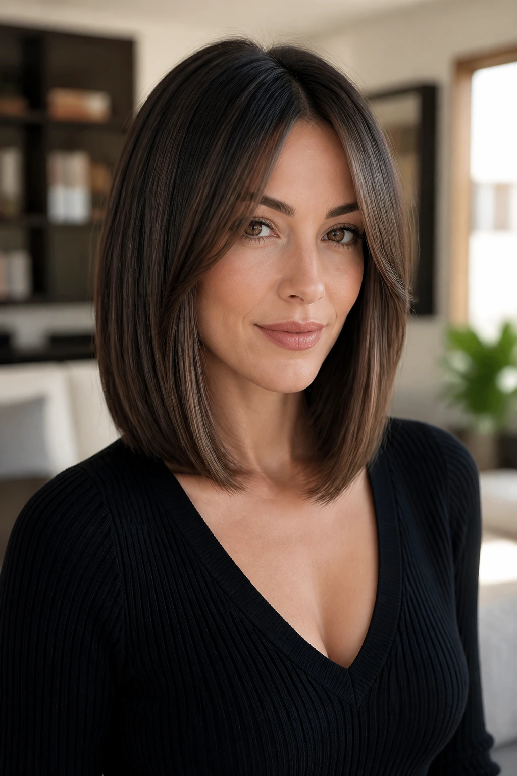 Close-up portrait of a real woman with a sleek lob and a narrow face frame.