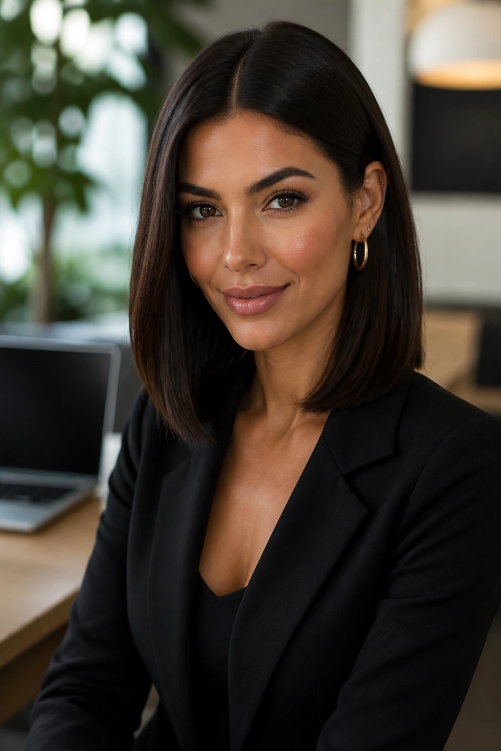 Brunette with sleek lob in office setting, professional portrait.