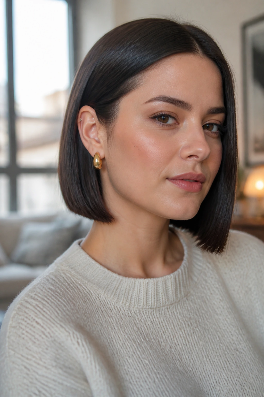 Close-up portrait of a real woman with a sleek tucked-behind-ear lob, hair smooth and tucked behind one ear