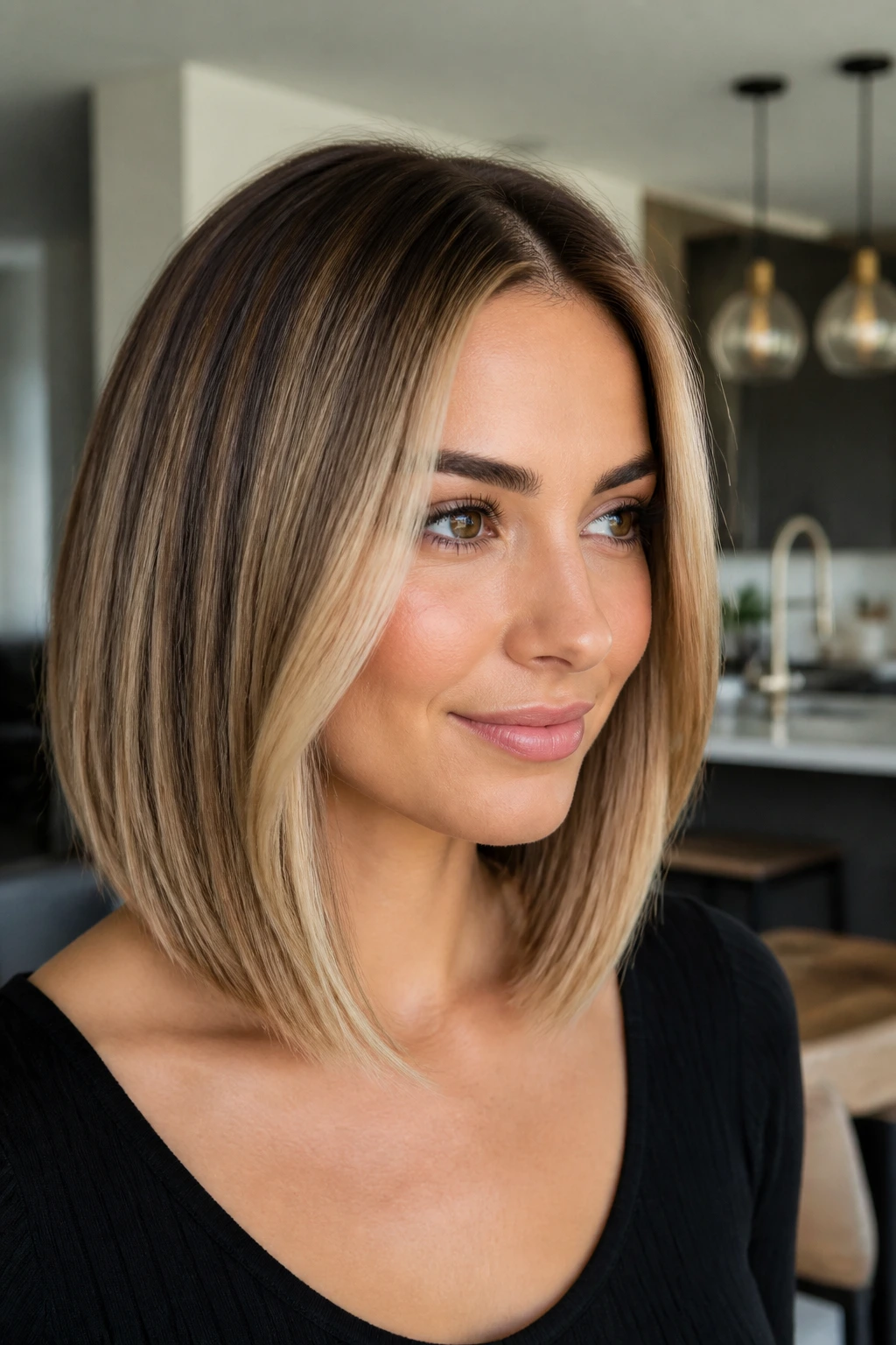 Real woman with sleek shoulder-length lob and soft root shadow