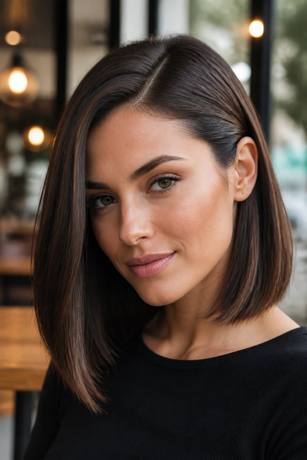 Portrait of a real woman with a sleek lob and side tuck.