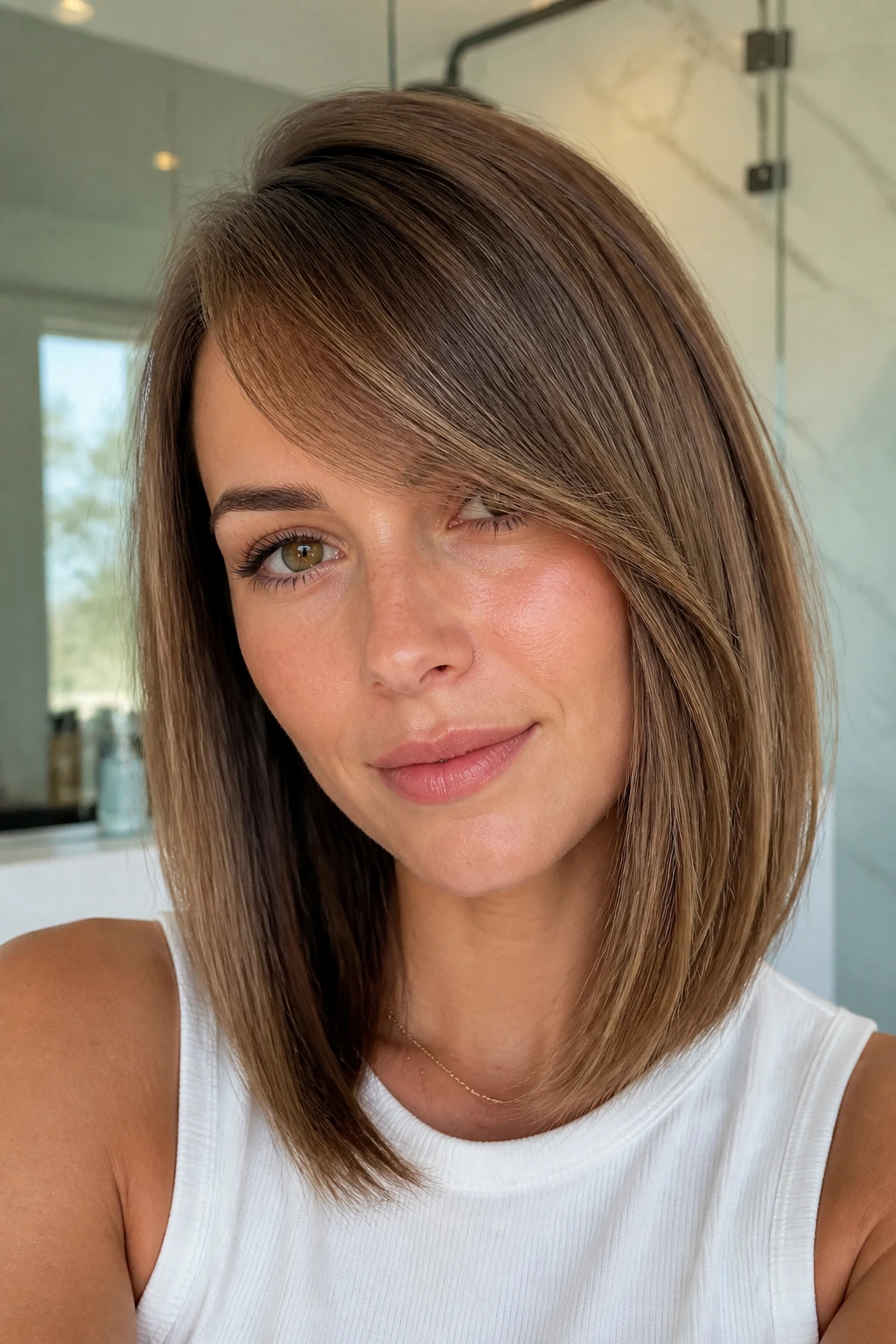 Real woman with sleek lob and swept-over fringe in bright interior lighting