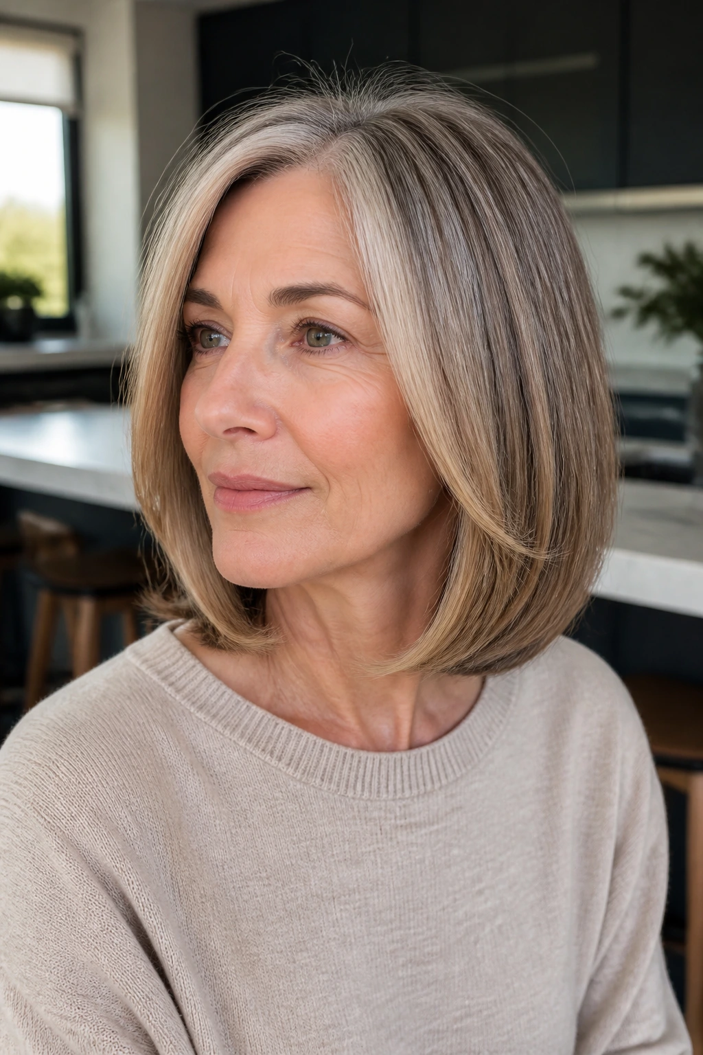 Close-up of a real woman with a sleek lob and tucked-in ends in a modern kitchen