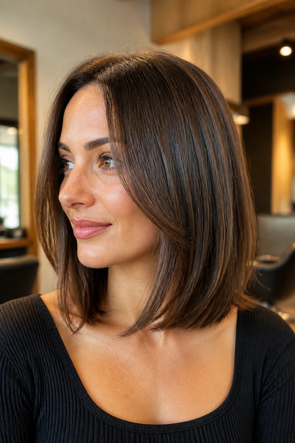 Close-up of a woman with a sleek glass lob and soft underlayers in a warm salon