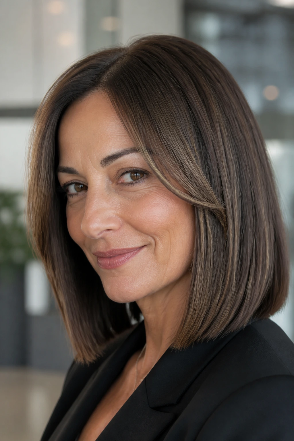 Close-up portrait of a real woman with a sleek long bob and subtle layers