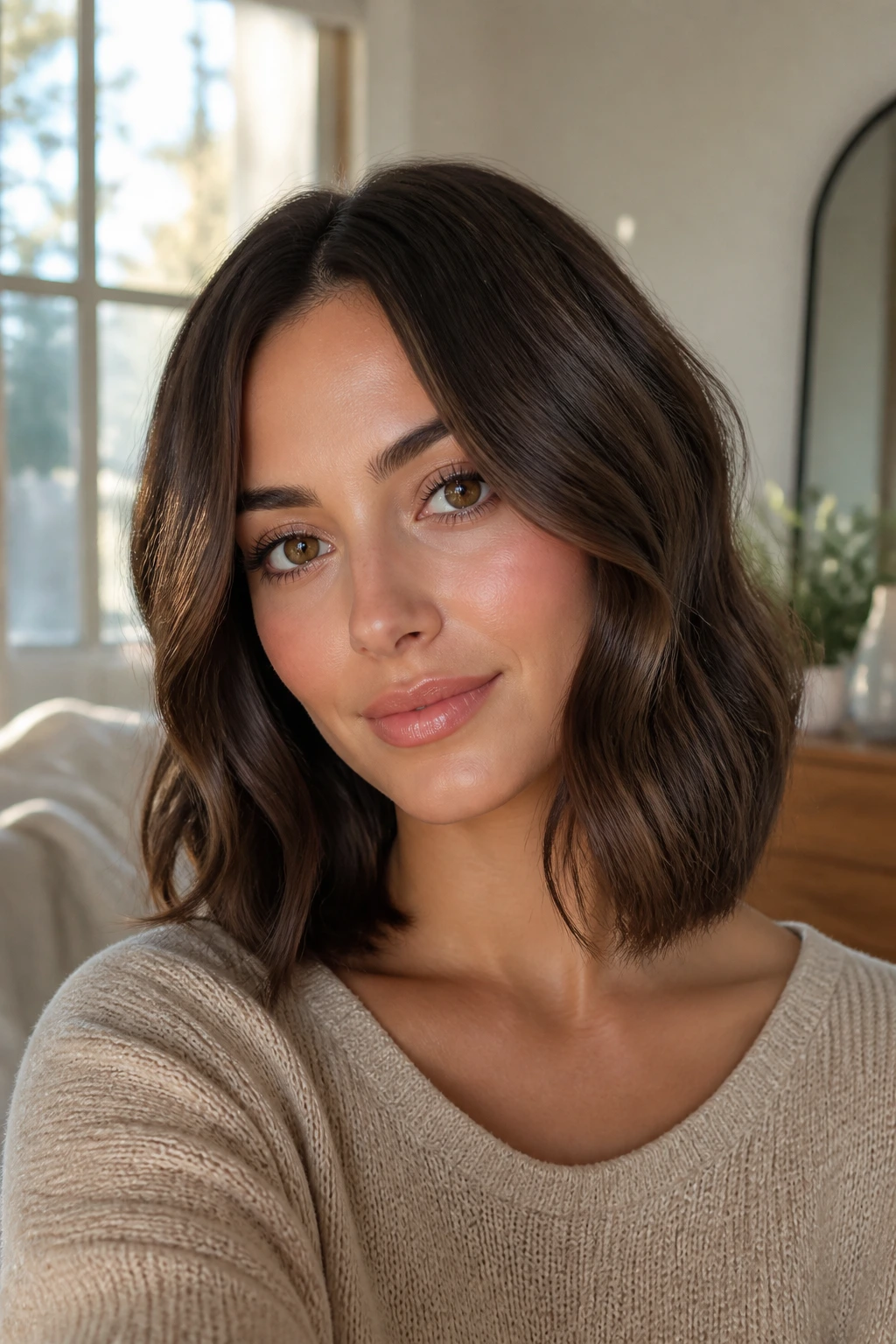 Close-up portrait of a real woman with a sleek lob and soft waves at collarbone length in warm window light