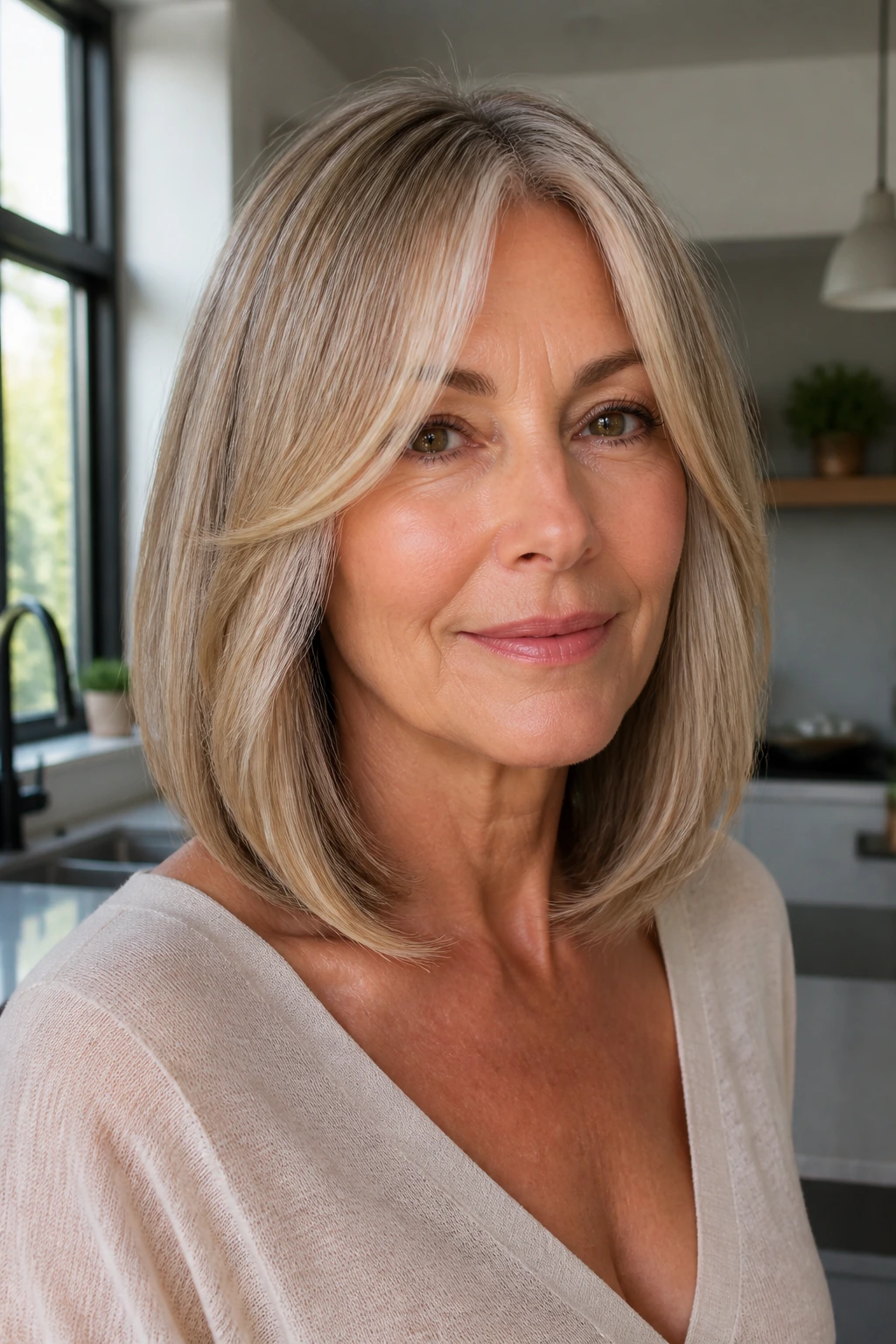Portrait of a woman with sleek long bob and polished curtain bangs.