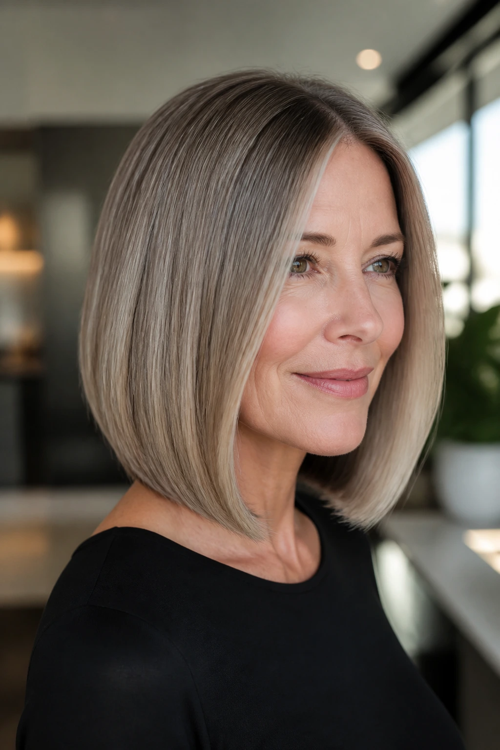 Portrait of a woman with a sleek long bob and shadow root babylights