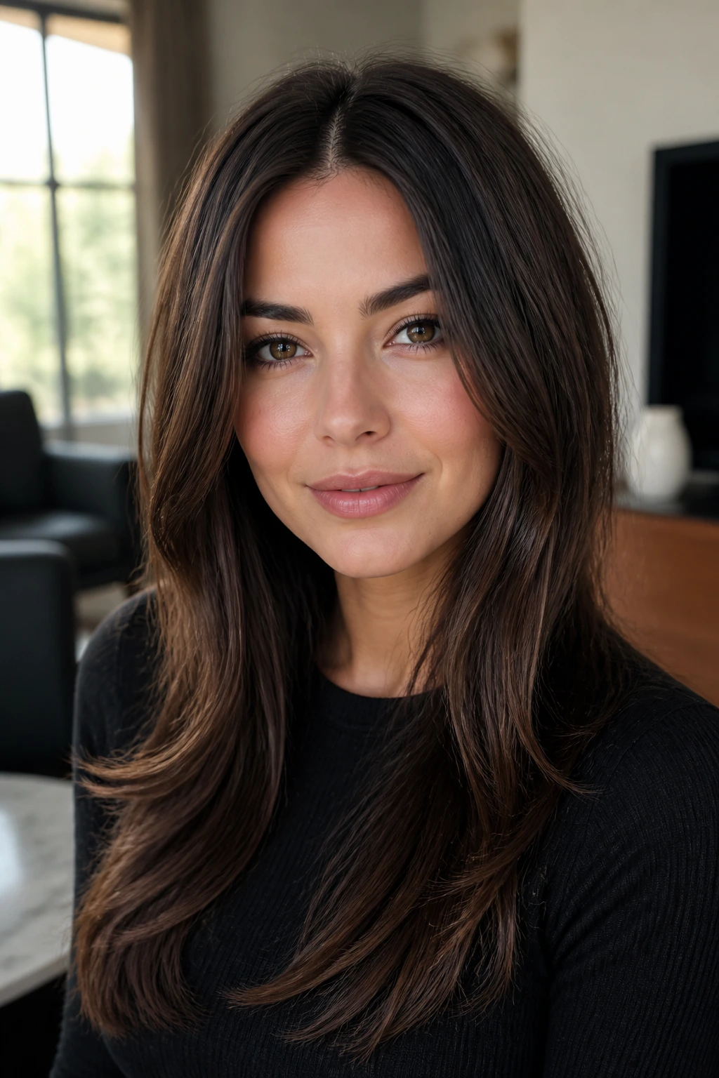 Close-up of a real person with sleek long layers and a center part in a modern room