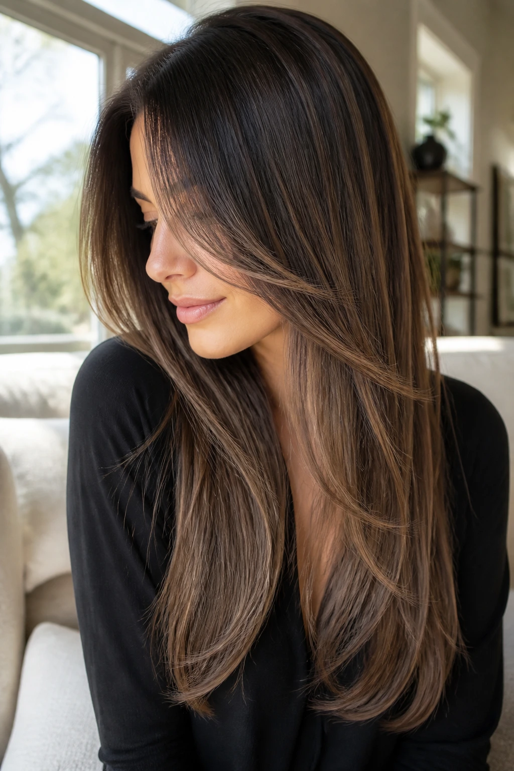 Close-up of a real person with sleek long layers and root shadow.