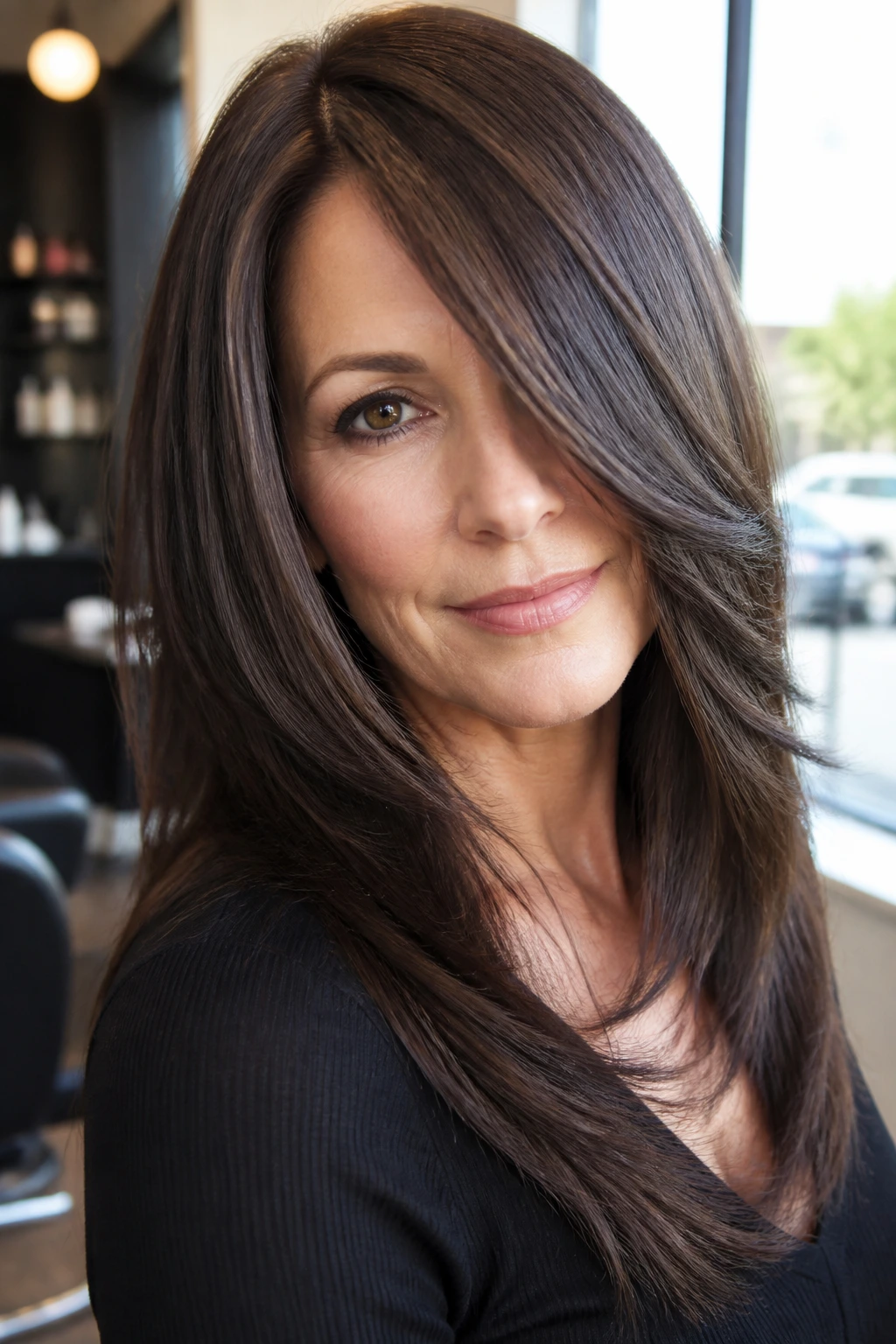 Portrait of a real woman with sleek long layers and a deep side part