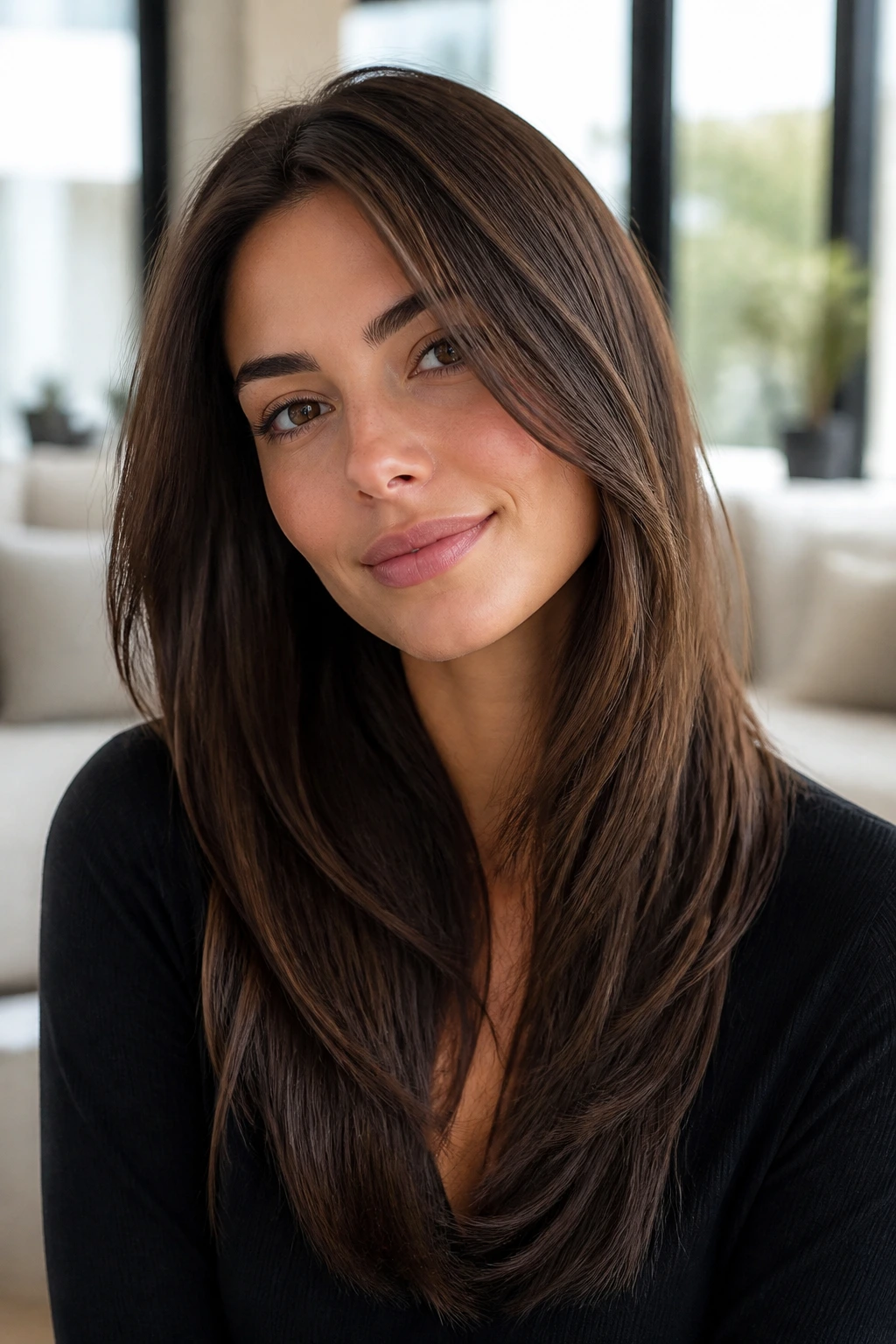 Close-up of a real woman with sleek long layers and subtle texture