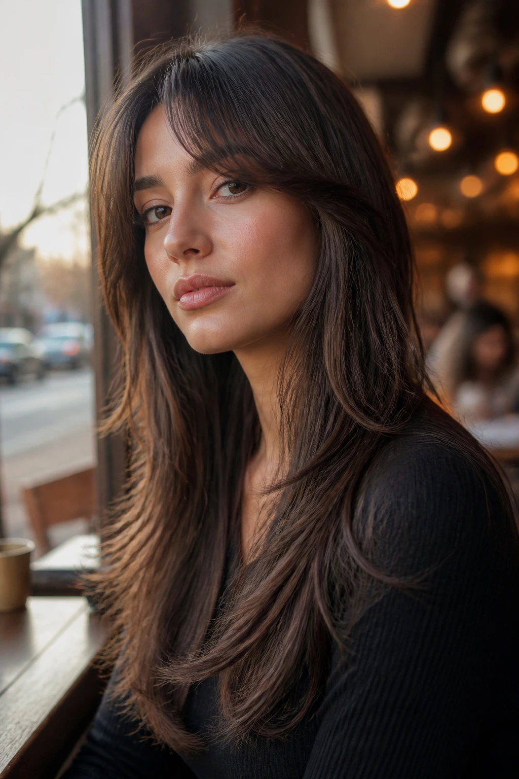 Close-up of a real person with sleek long shag and bendy ends in a cafe setting