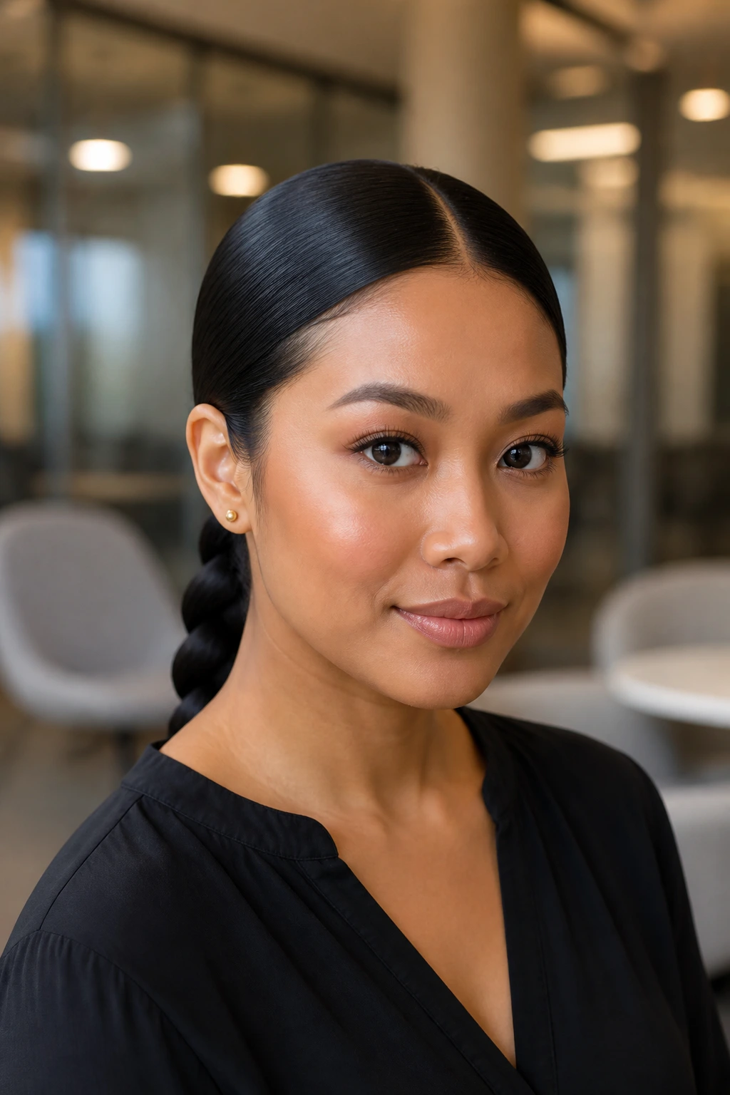 Close-up of a real person with a sleek low braid and center part in a modern office setting
