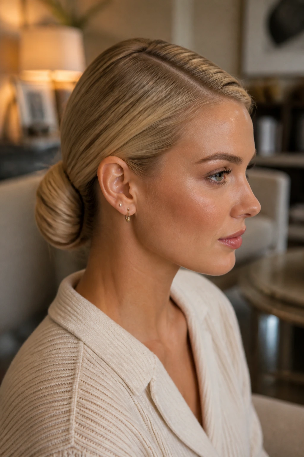 Close-up of a real woman with a sleek low bun and deep side part on blonde hair