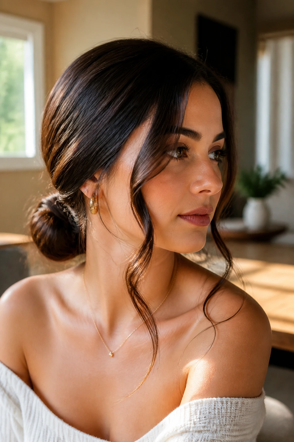 Close-up of a real woman with a sleek low bun and face-framing curls.