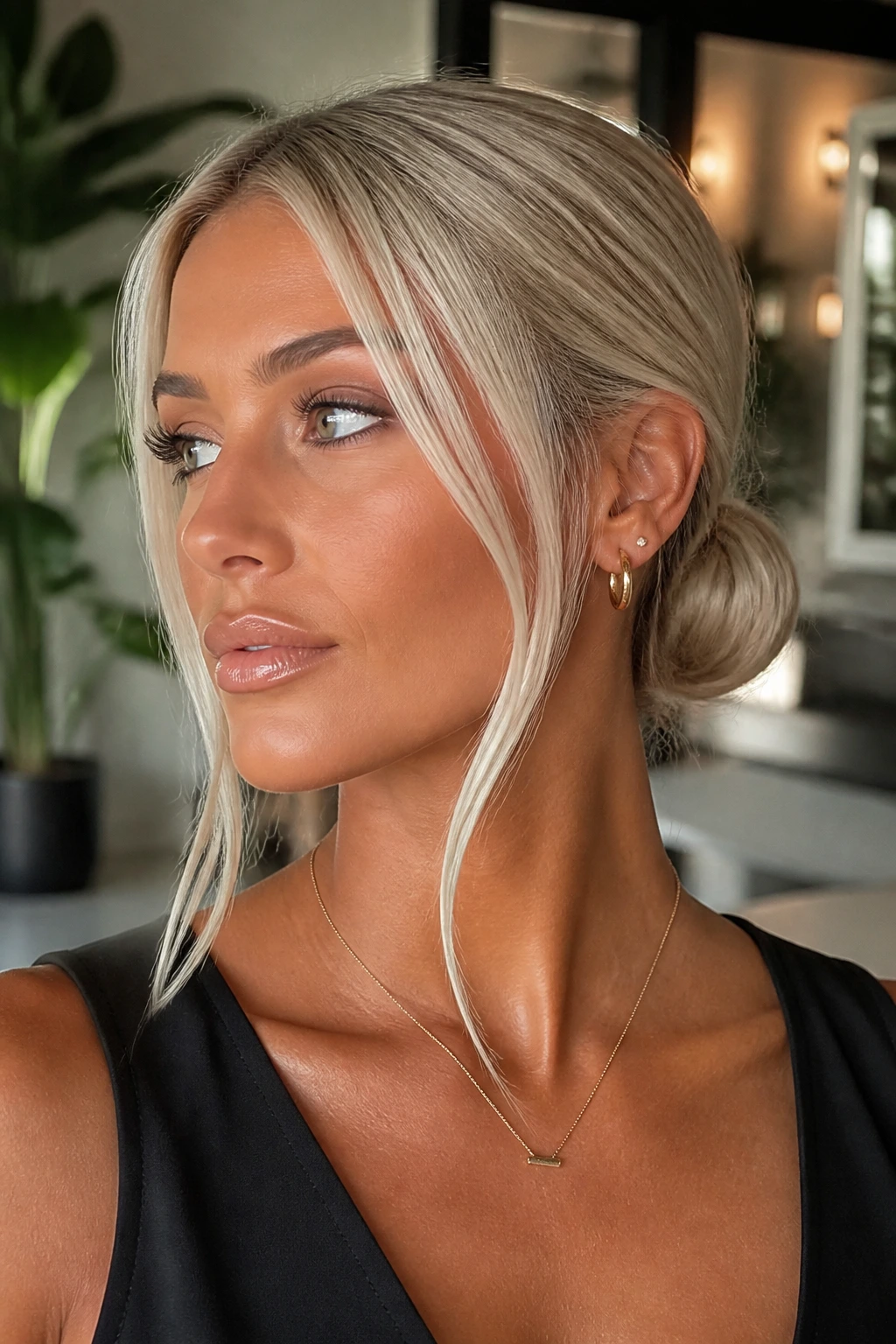 Portrait of a woman with a sleek low bun and bright face-framing pieces