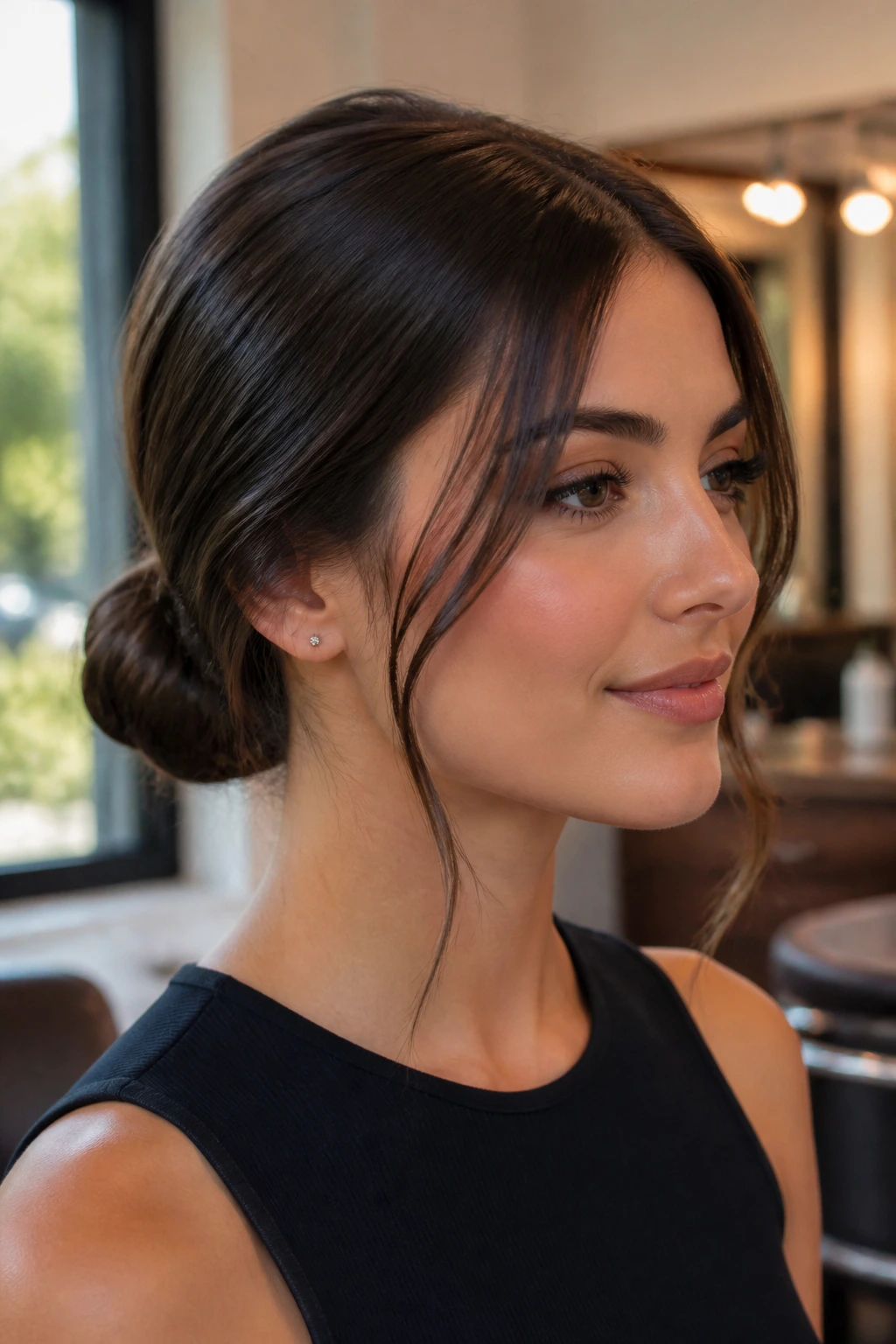 Close-up of a real woman with a sleek low bun and face-framing strands