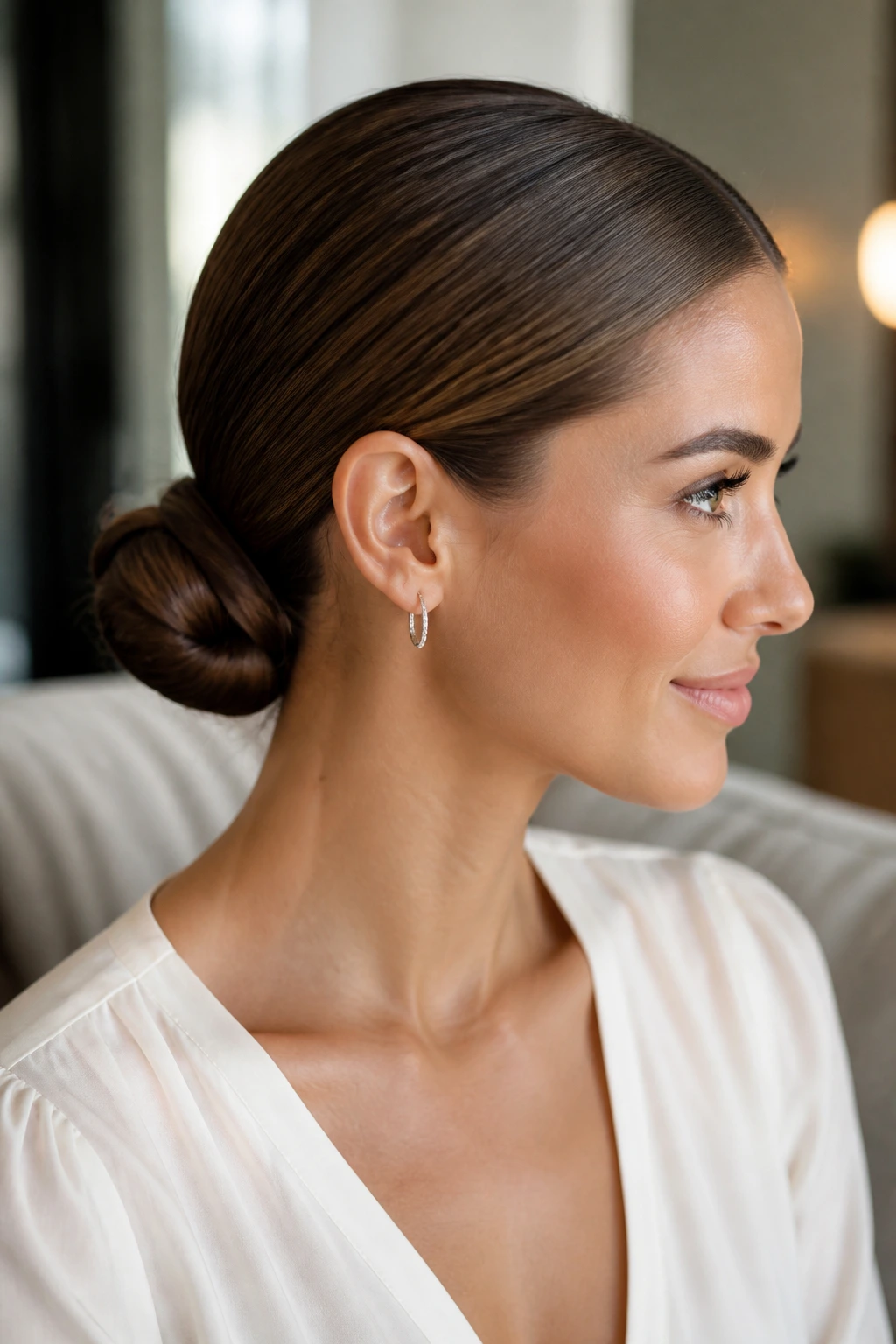 Close-up of a real woman with a sleek low bun in natural light