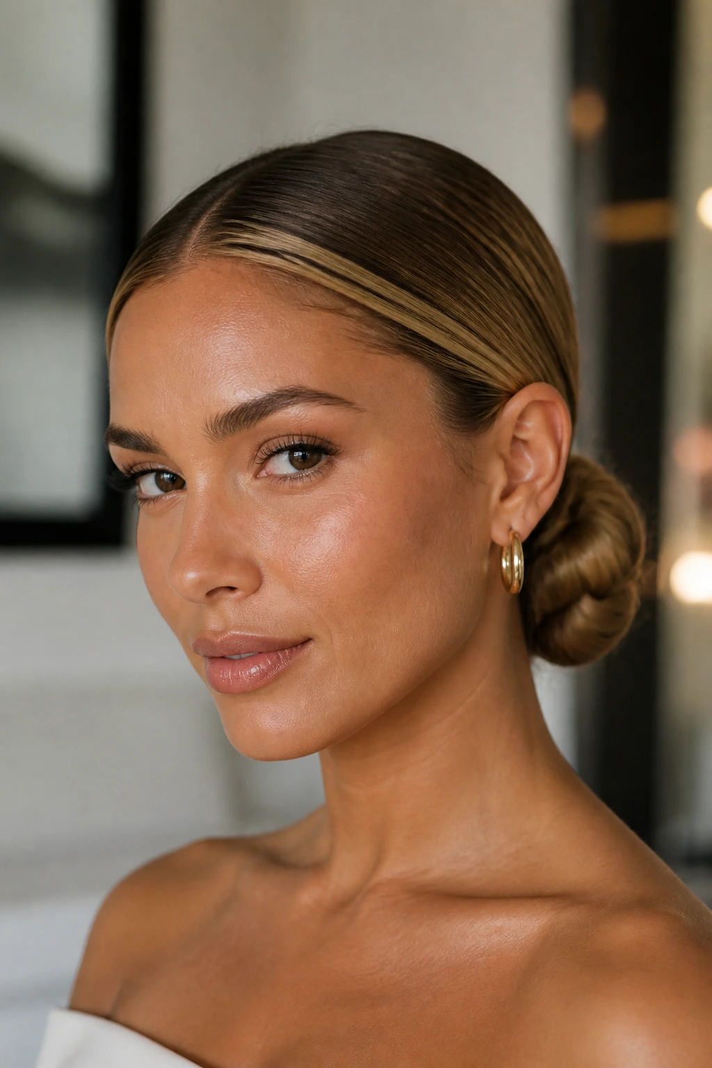 Real person with sleek low bun and honey halo