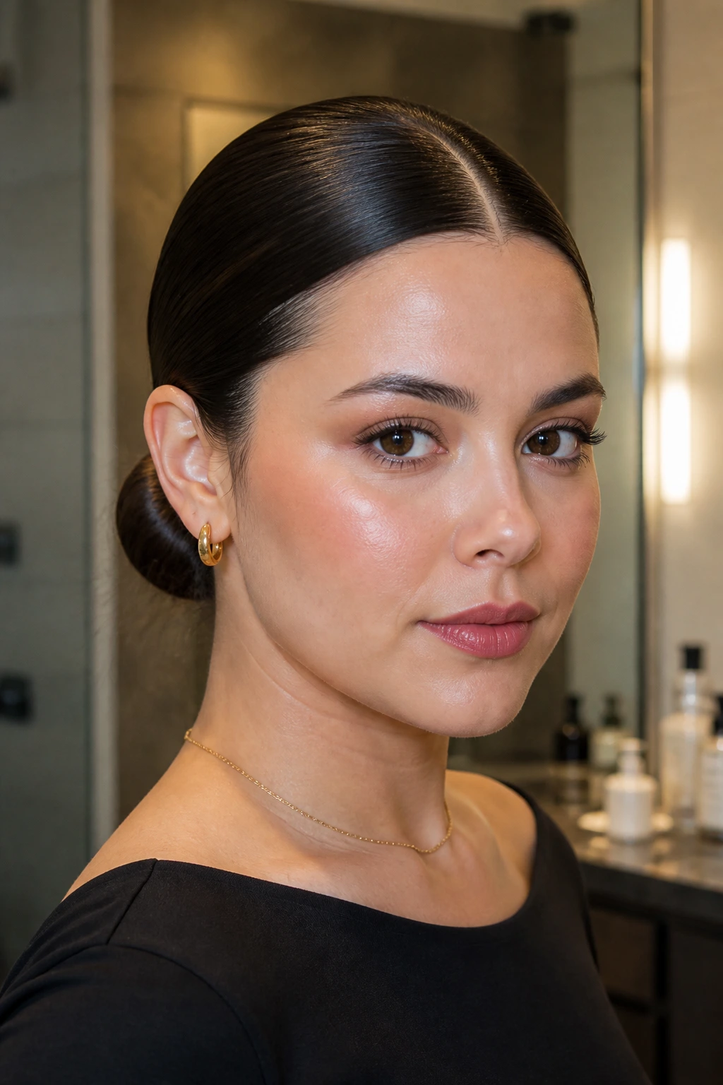 Close-up of real person with sleek low bun and middle part
