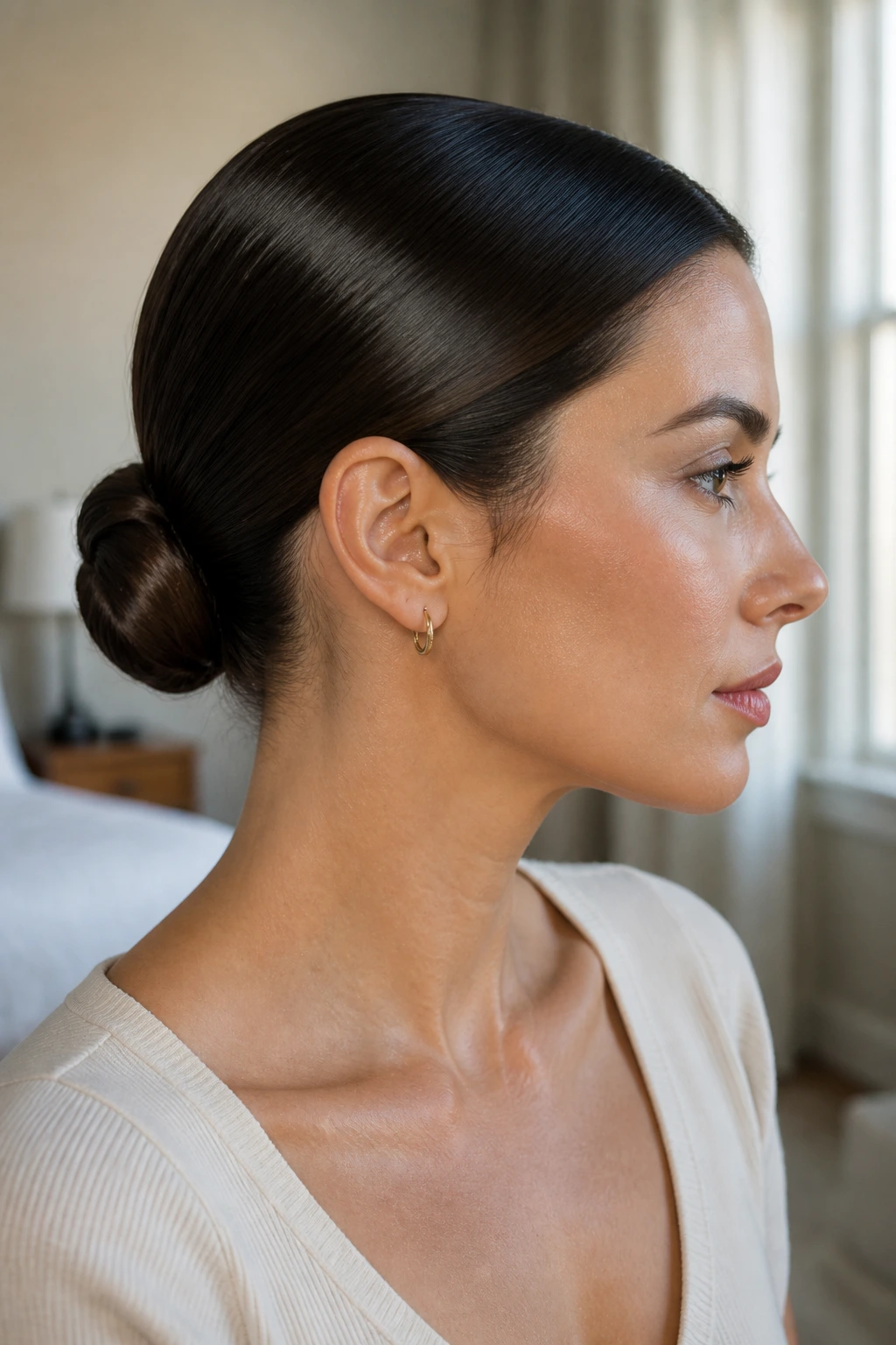 Close-up portrait of a real woman with a sleek low bun at the nape