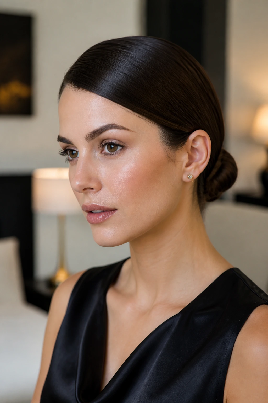 Close-up of a woman with a sleek low bun and deep side part