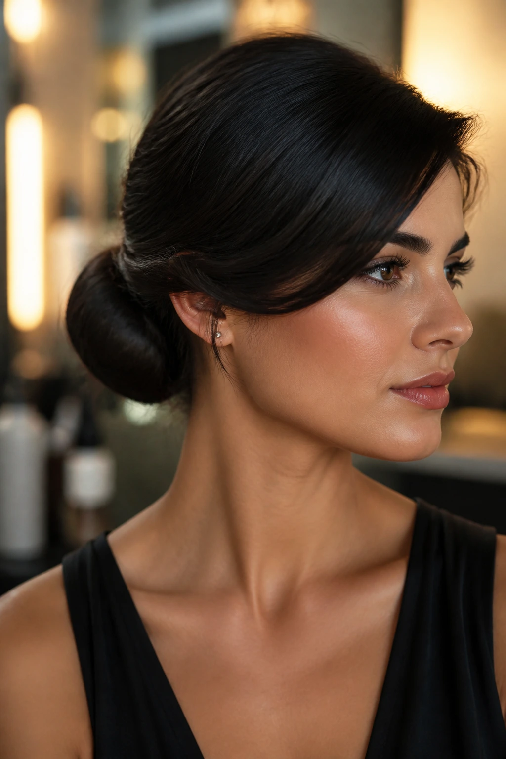Close-up of a real woman with a sleek low bun and side sweep in warm interior lighting