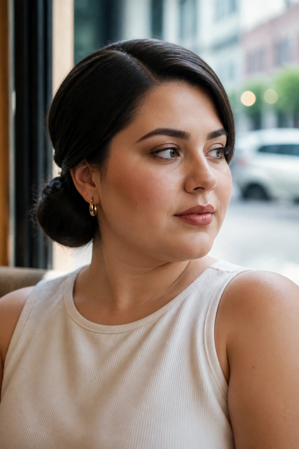 Close-up of a real woman with a sleek low bun and deep side part