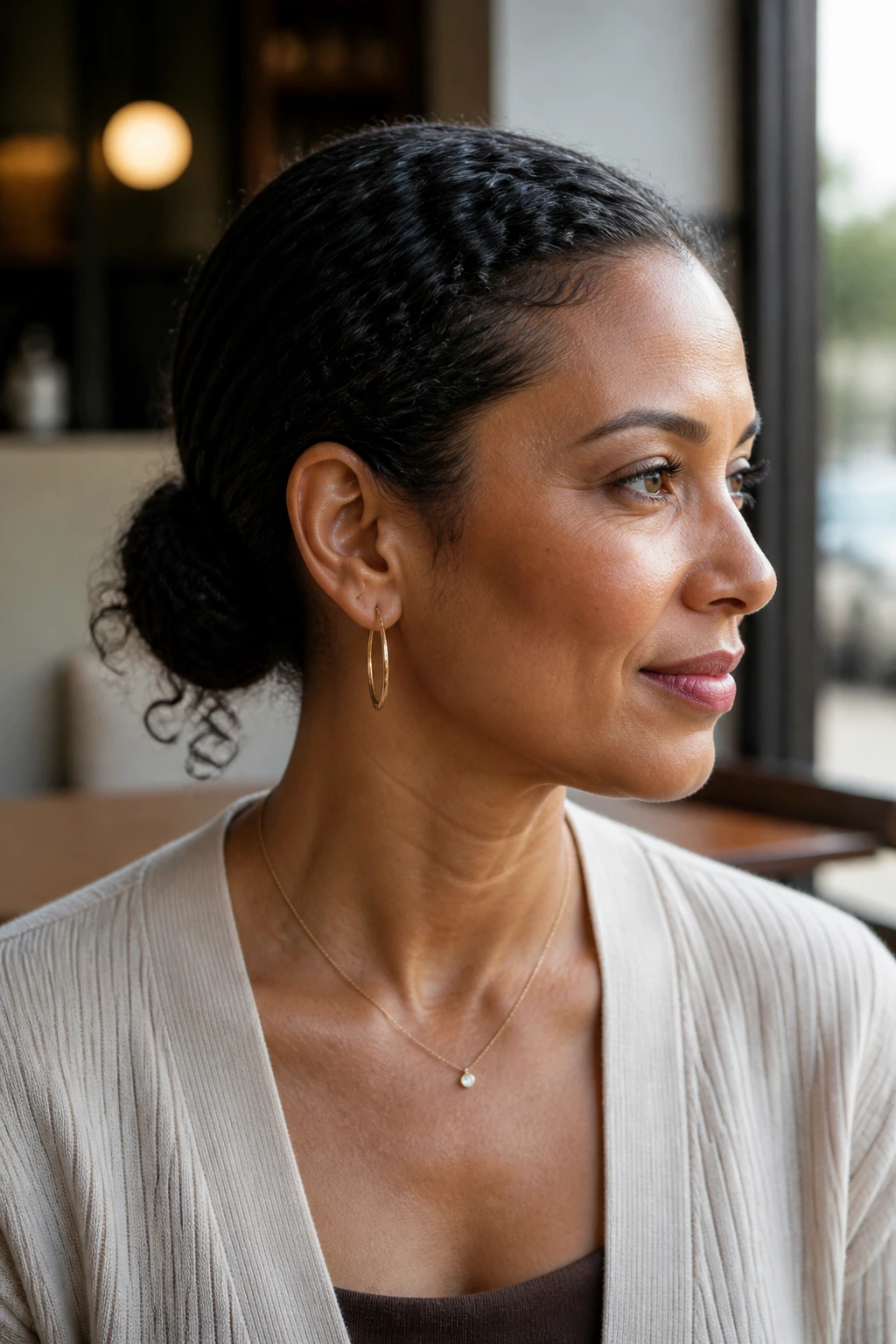 Portrait of a woman with a sleek low bun and textured curls escaping